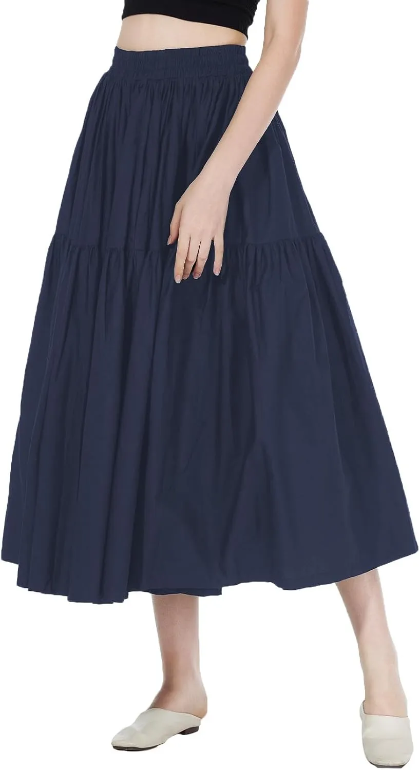 100% Cotton Women Skirt High Elastic Waist A-Line Vintage Puffy Pleated Skirt with 2 Pockets