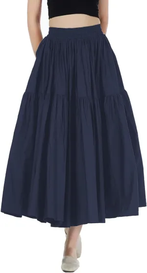 100% Cotton Women Skirt High Elastic Waist A-Line Vintage Puffy Pleated Skirt with 2 Pockets