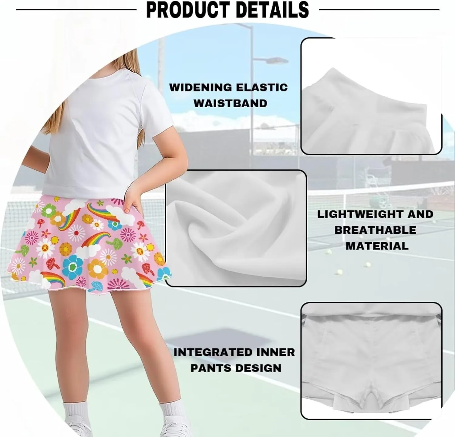 2-in-1 Tennis Skirts for Girls with Pockets Kids Built in Shorts Athletic Skorts Size 5-14