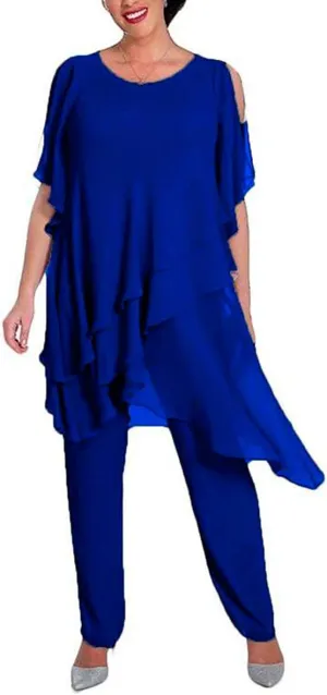 2 PC Mother of The Bride Pants Suit Plus Size Layered Chiffon Women Outfits Long Evening Gown Wedding Guest Dress