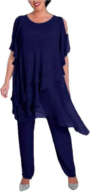 2 PC Mother of The Bride Pants Suit Plus Size Layered Chiffon Women Outfits Long Evening Gown Wedding Guest Dress
