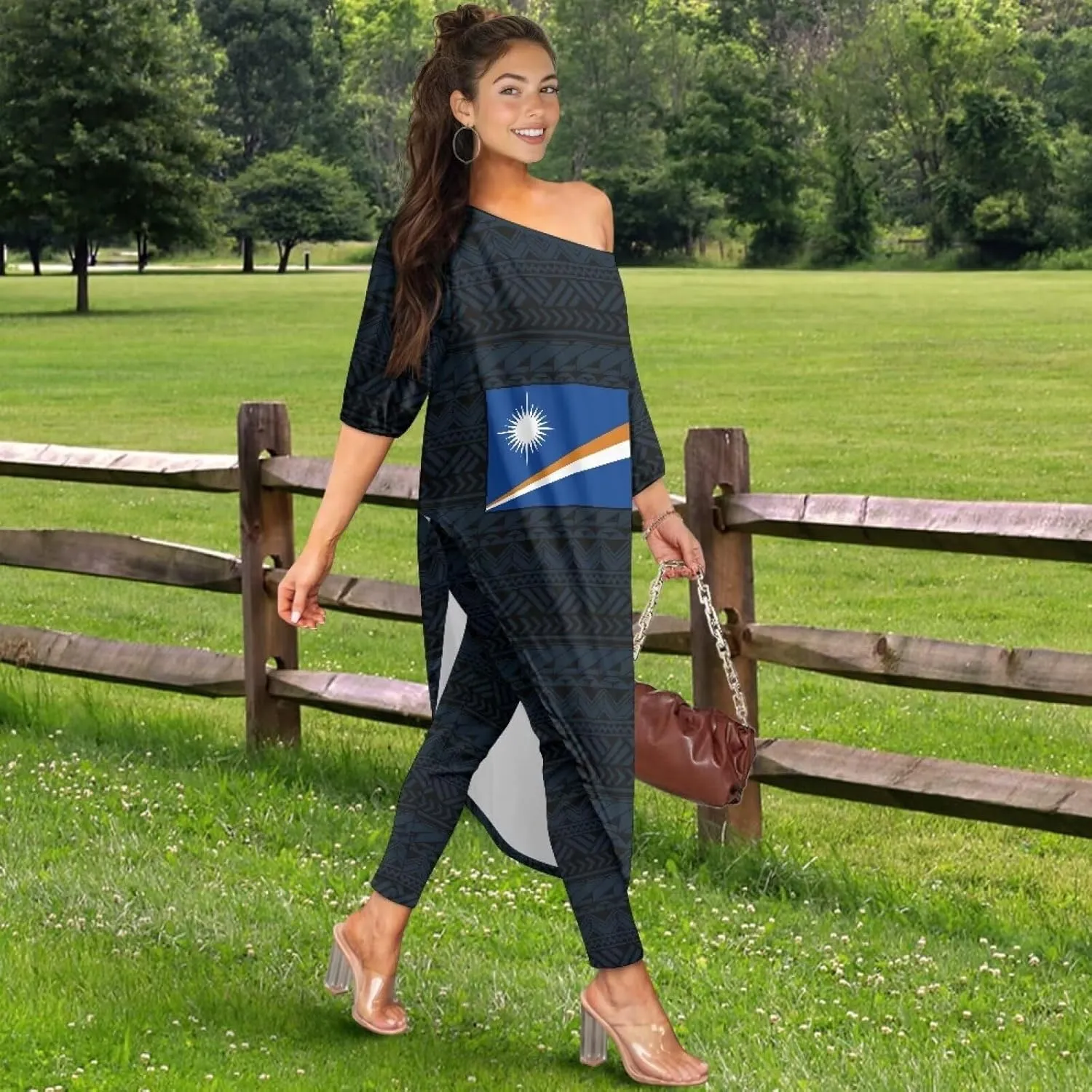 2 Pieces Polynesian Traditional Women Clothing Samoa Puletasi Dress Ladies Casual Tops and Skinny Pants Set