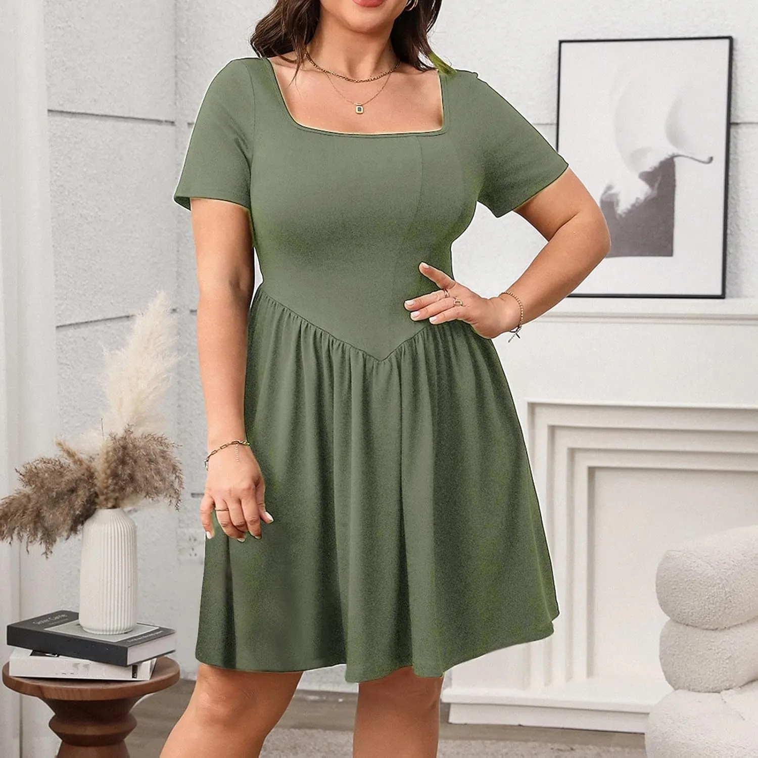 2025 Summer Dress for Women Plus Size Square Neck Short Sleeve Smocked Dresses Casual Fashion Ruffle Mini Sundress
