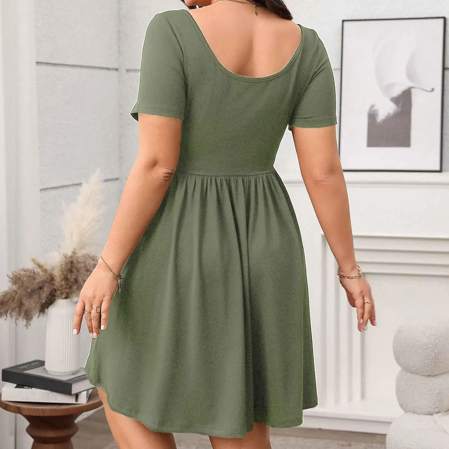 2025 Summer Dress for Women Plus Size Square Neck Short Sleeve Smocked Dresses Casual Fashion Ruffle Mini Sundress