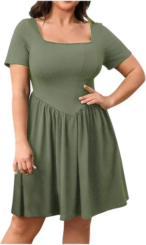 2025 Summer Dress for Women Plus Size Square Neck Short Sleeve Smocked Dresses Casual Fashion Ruffle Mini Sundress