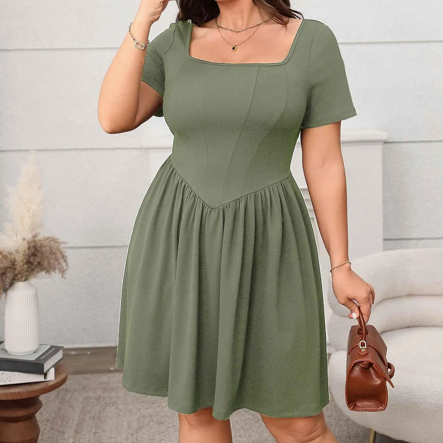 2025 Summer Dress for Women Plus Size Square Neck Short Sleeve Smocked Dresses Casual Fashion Ruffle Mini Sundress