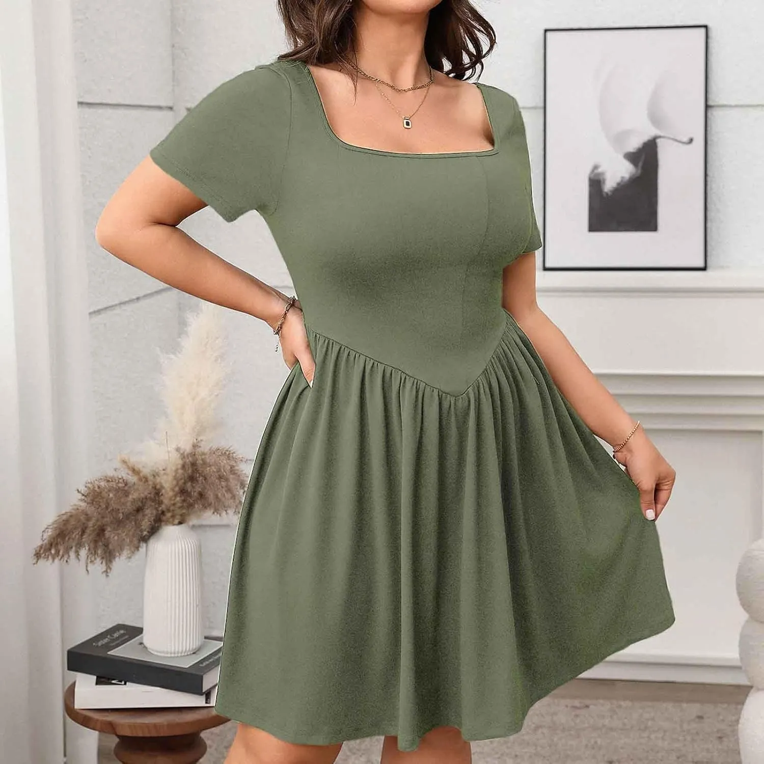 2025 Summer Dress for Women Plus Size Square Neck Short Sleeve Smocked Dresses Casual Fashion Ruffle Mini Sundress
