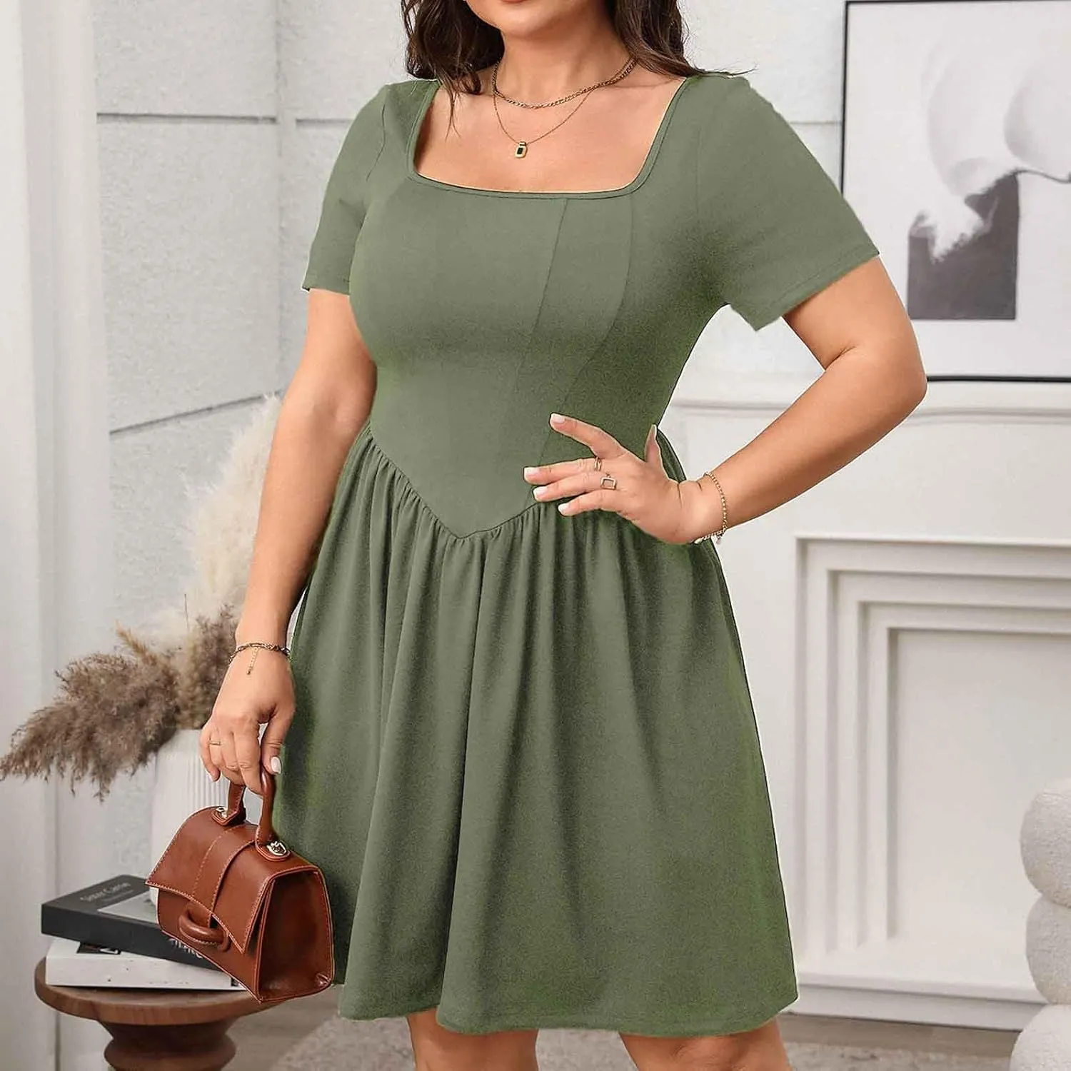 2025 Summer Dress for Women Plus Size Square Neck Short Sleeve Smocked Dresses Casual Fashion Ruffle Mini Sundress