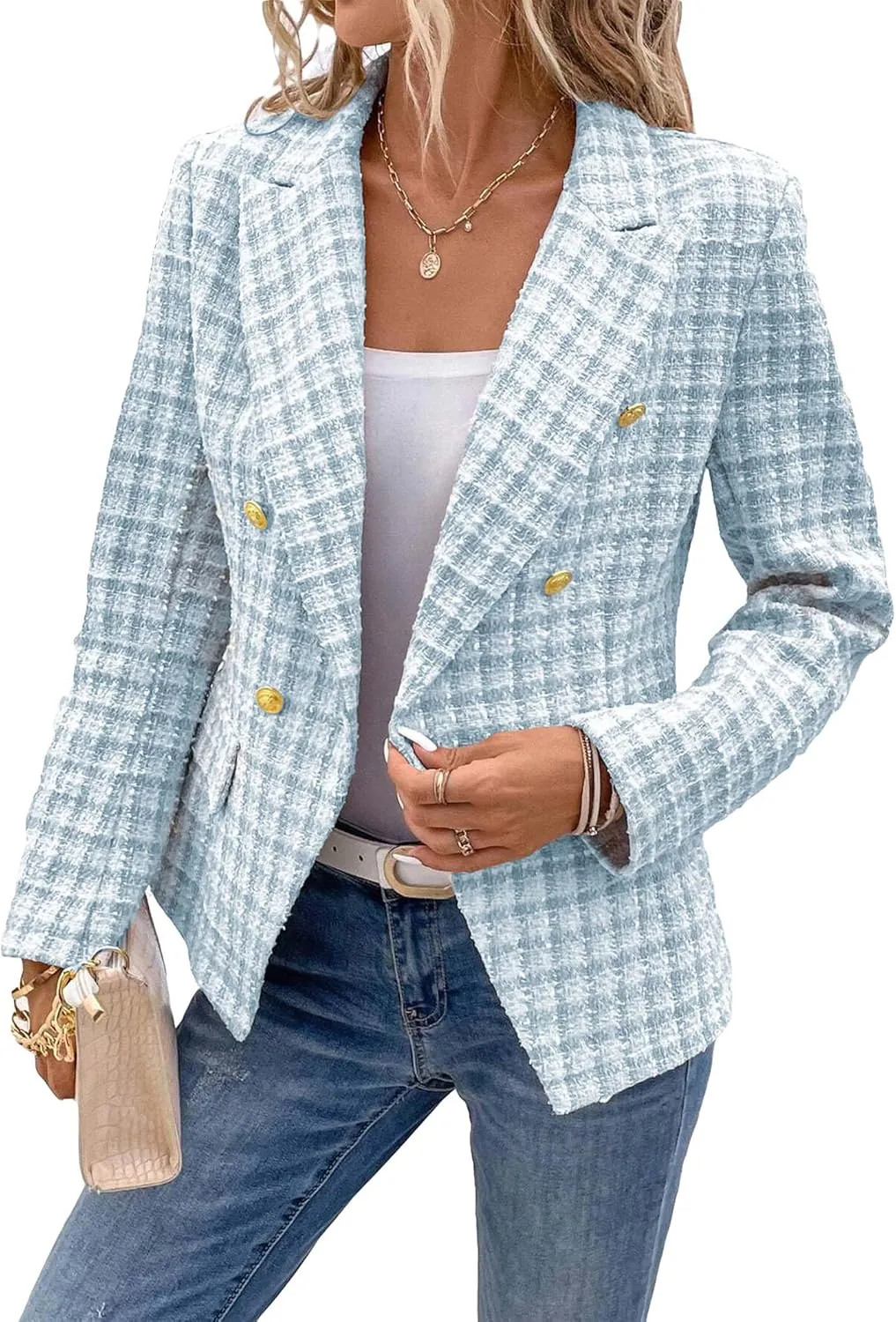 2025 Women's Spring Tweed Blazer Plaid Fashion Slim Fully-Lined Double-Breasted Casual Work Jacket with Pockets