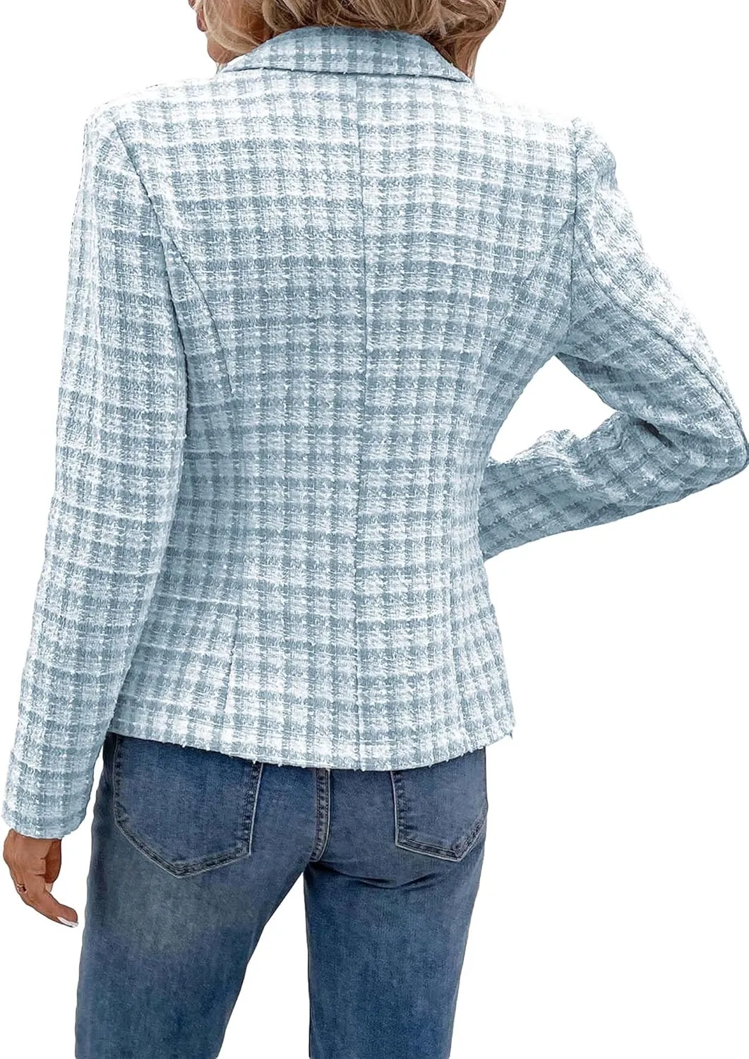 2025 Women's Spring Tweed Blazer Plaid Fashion Slim Fully-Lined Double-Breasted Casual Work Jacket with Pockets
