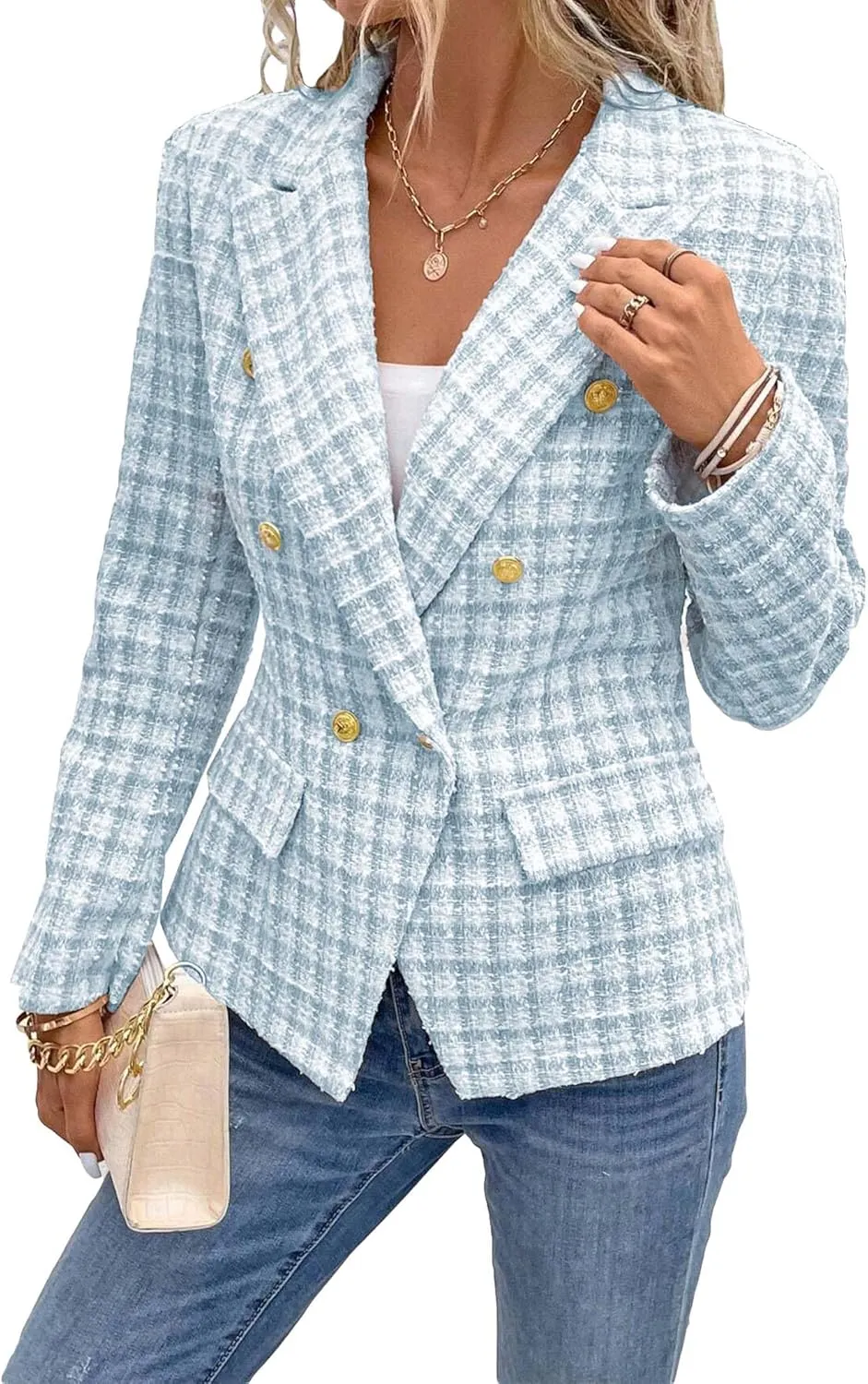 2025 Women's Spring Tweed Blazer Plaid Fashion Slim Fully-Lined Double-Breasted Casual Work Jacket with Pockets