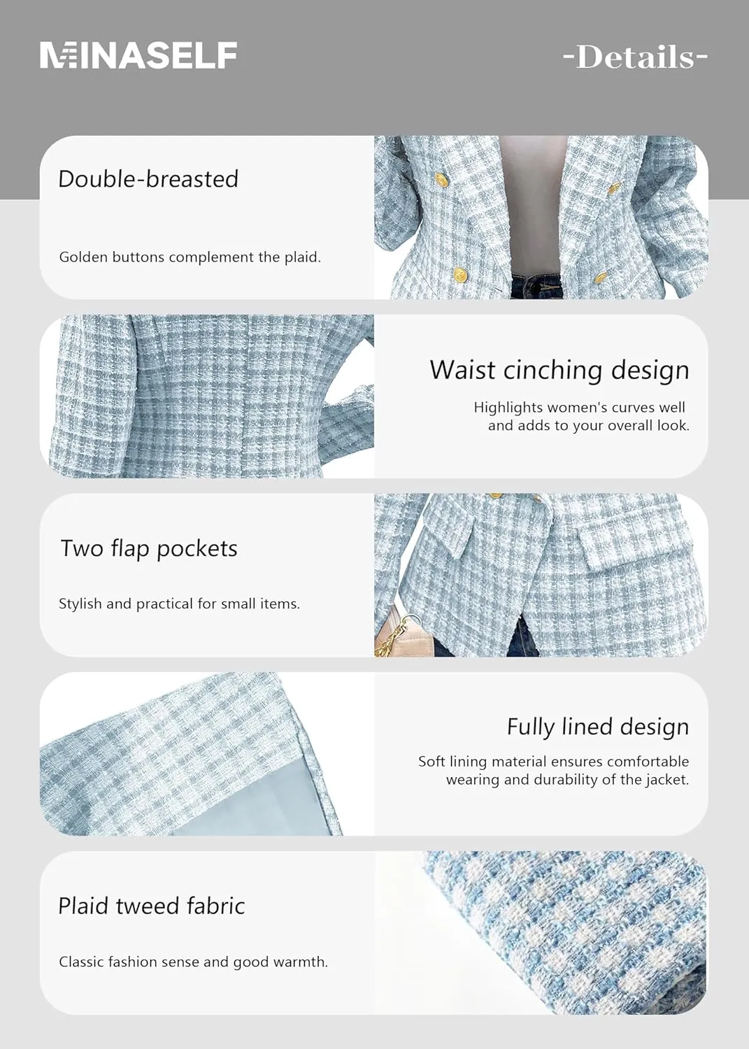 2025 Women's Spring Tweed Blazer Plaid Fashion Slim Fully-Lined Double-Breasted Casual Work Jacket with Pockets
