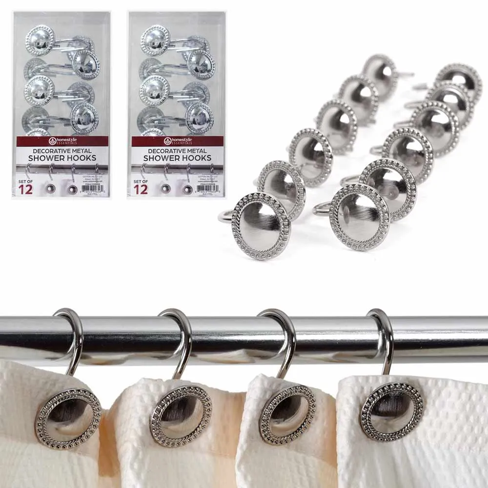 24 Pc Metal Shower Hooks Curtain Rings Decorative Heavy Duty Rod Bathroom Silver