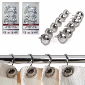 24 Pc Metal Shower Hooks Curtain Rings Decorative Heavy Duty Rod Bathroom Silver