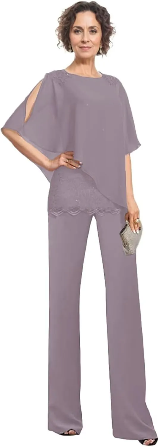 3 Piece Mother of The Bride Pantsuits for Wedding Chiffon Scoop Neck Formal Pants Outfit for Women Dressy with Sleeves