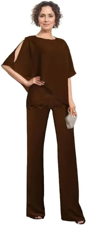 3 Piece Mother of The Bride Pantsuits for Wedding Chiffon Scoop Neck Formal Pants Outfit for Women Dressy with Sleeves