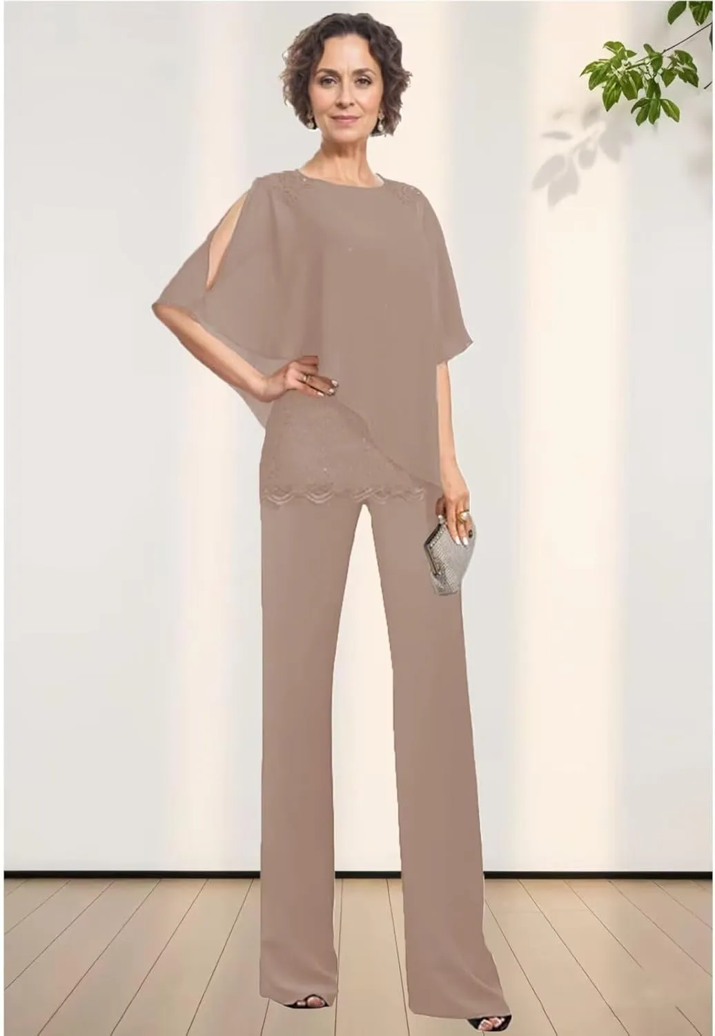3 Piece Mother of The Bride Pantsuits for Wedding Chiffon Scoop Neck Formal Pants Outfit for Women Dressy with Sleeves