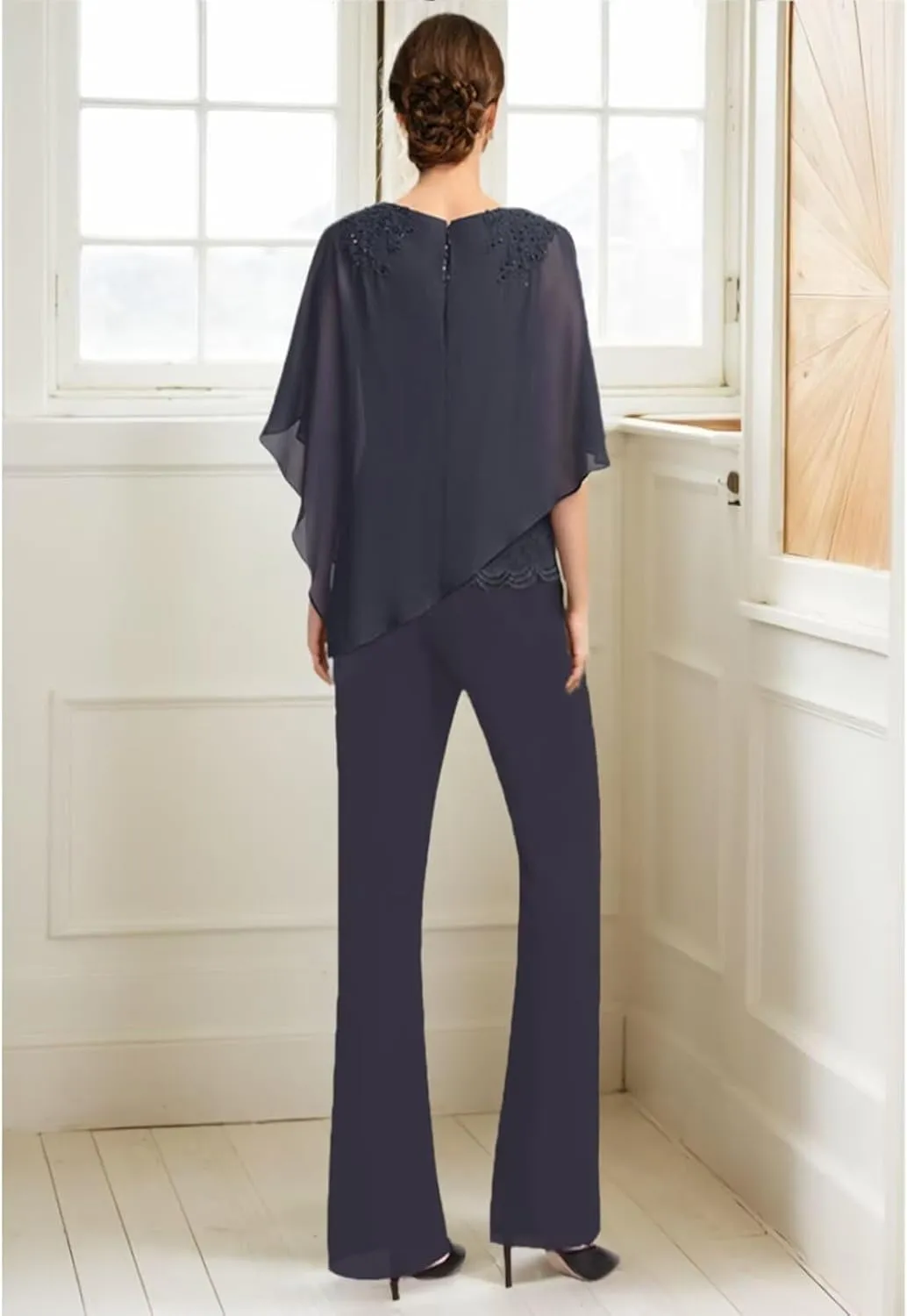 3 Piece Mother of The Bride Pantsuits for Wedding Chiffon Scoop Neck Formal Pants Outfit for Women Dressy with Sleeves