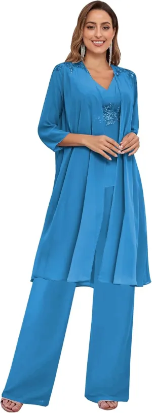 3 Piece Mother of The Bride Pantsuits with Jacket 3/4 Sleeve V Neck Formal Evening Pants Outfit for Women