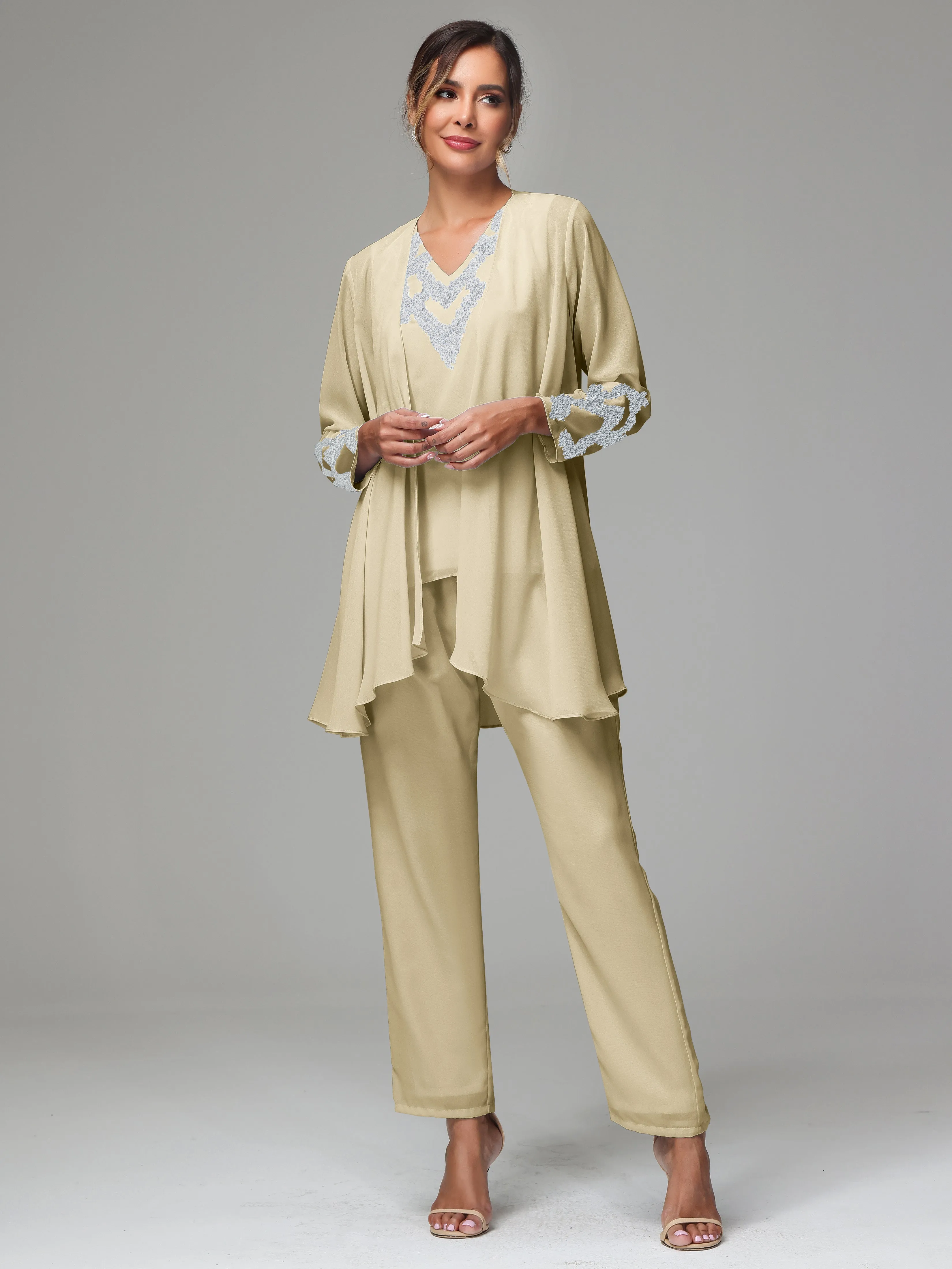 3 Pieces Long Sleeve Sequin Flutter Chiffon Mother of  Groom Dress Pant Suits