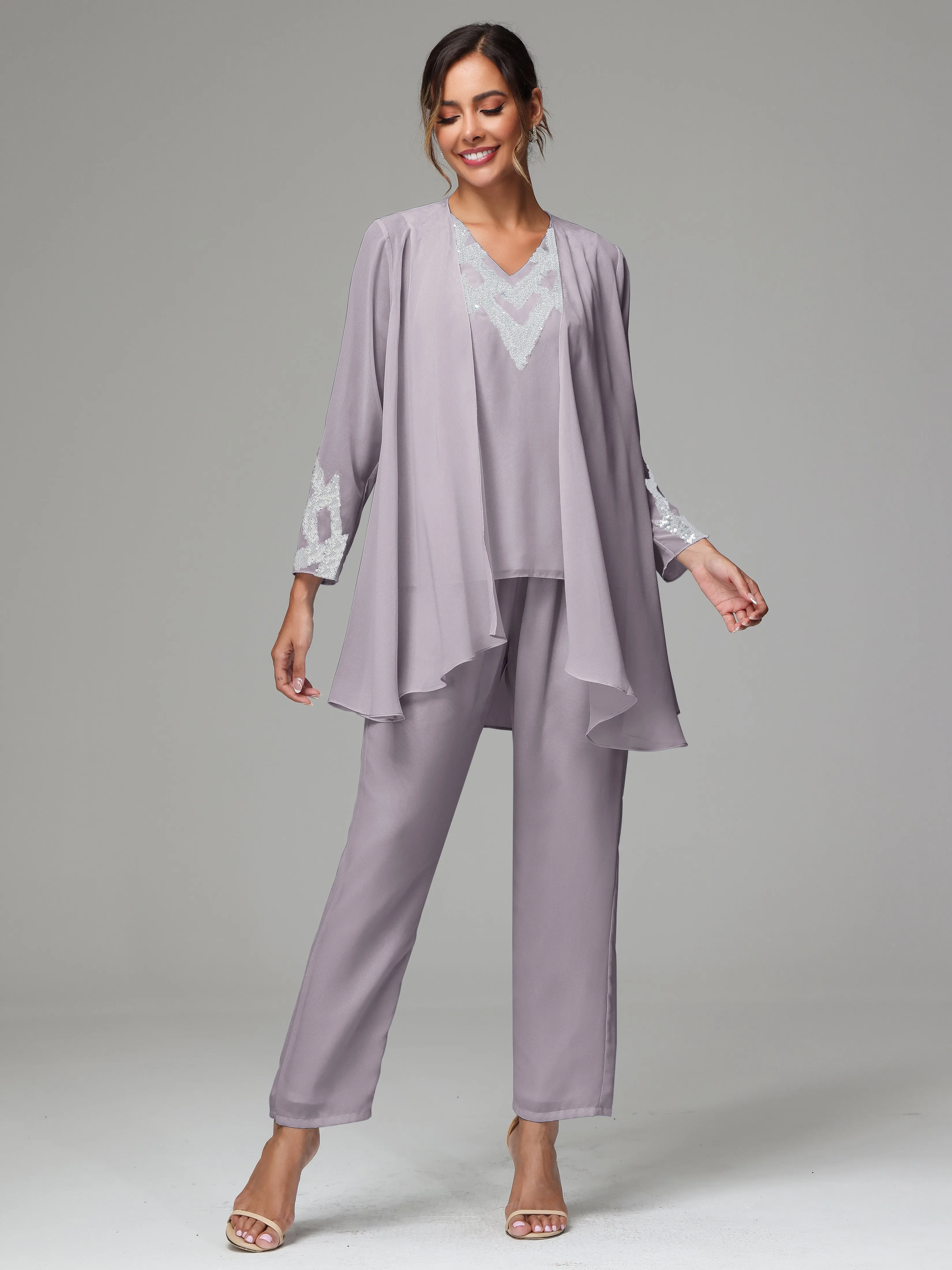 3 Pieces Long Sleeve Sequin Flutter Chiffon Mother of  Groom Dress Pant Suits