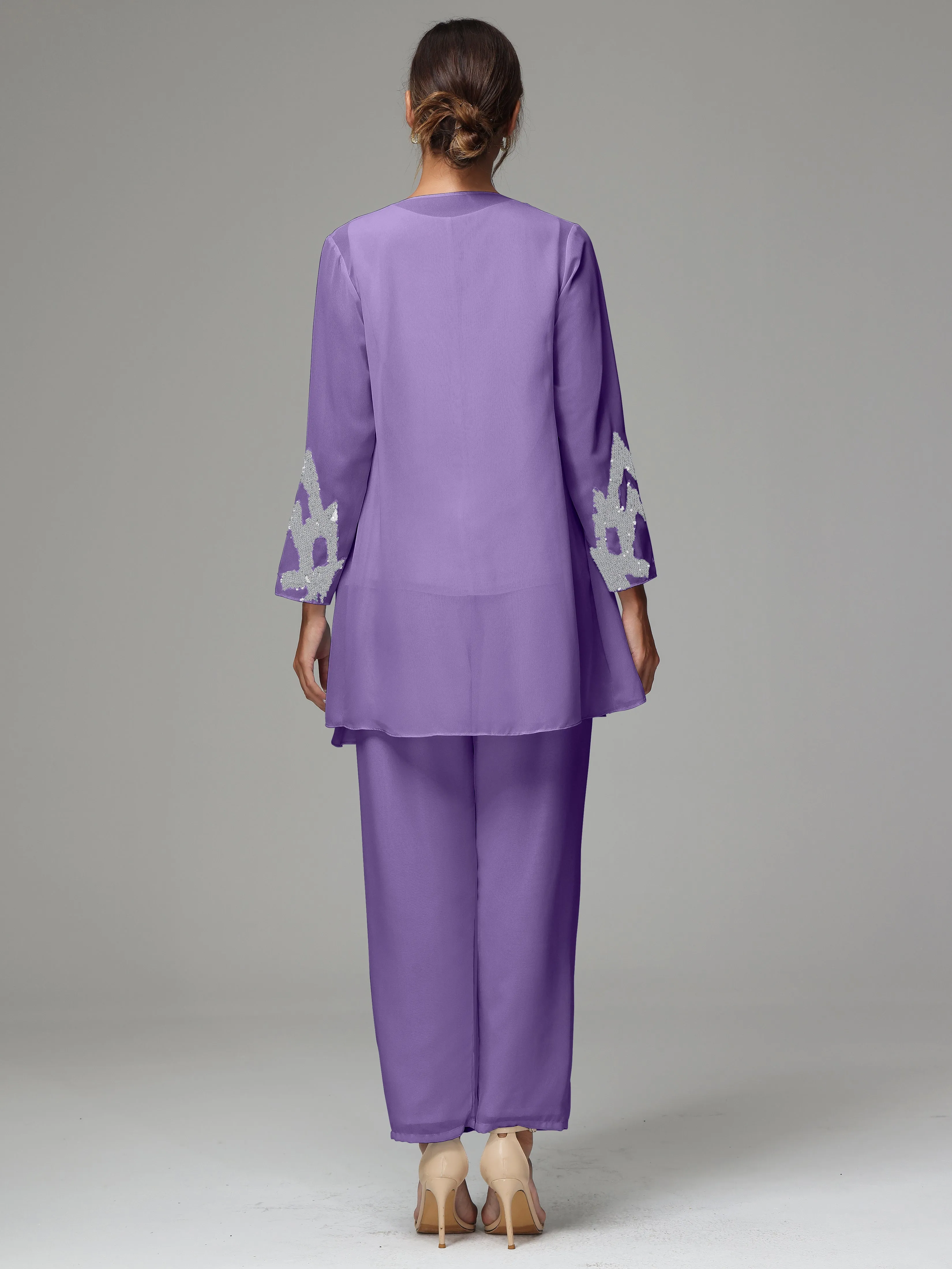 3 Pieces Long Sleeve Sequin Flutter Chiffon Mother of  Groom Dress Pant Suits