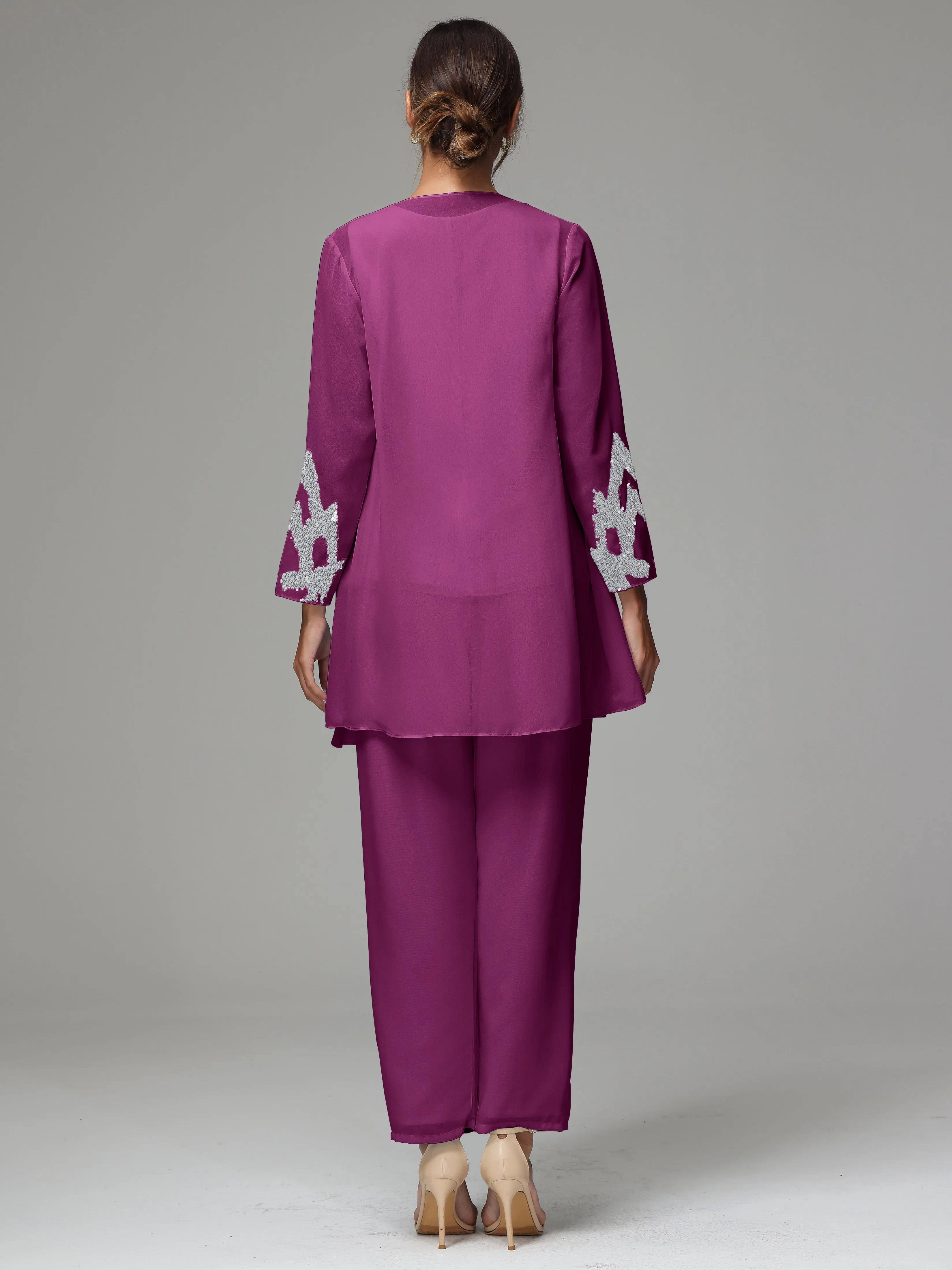 3 Pieces Long Sleeve Sequin Flutter Chiffon Mother of  Groom Dress Pant Suits