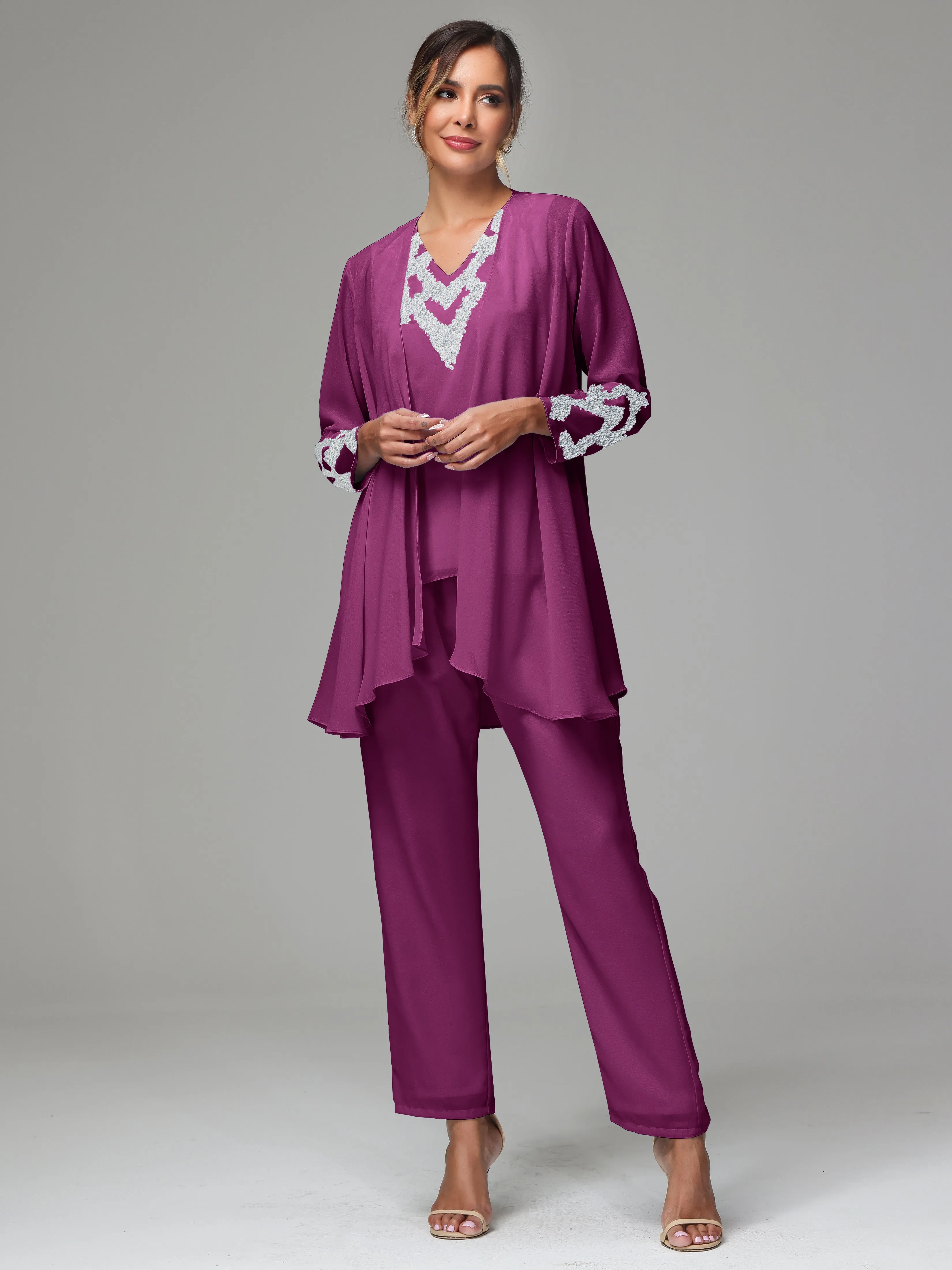 3 Pieces Long Sleeve Sequin Flutter Chiffon Mother of  Groom Dress Pant Suits