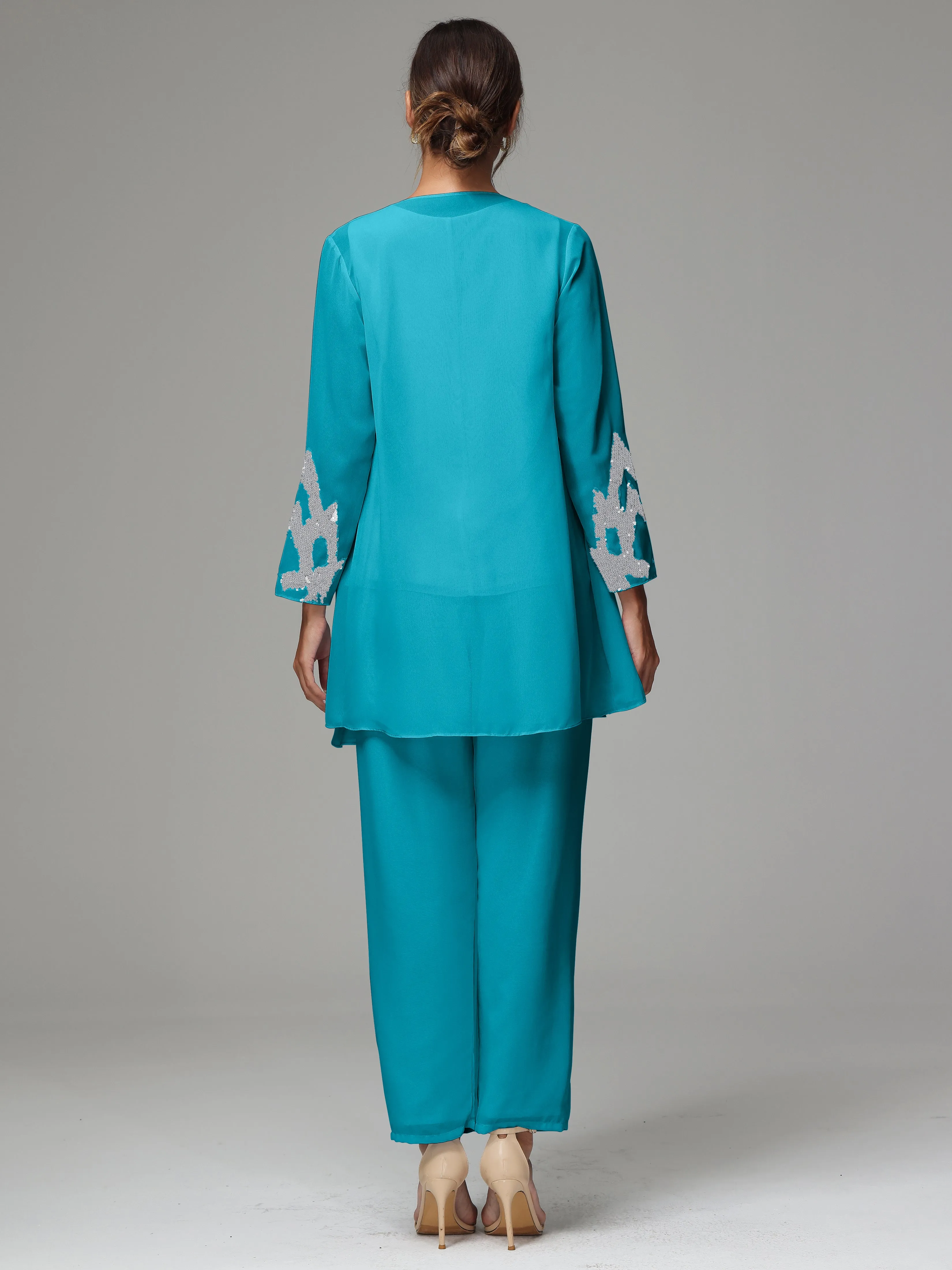 3 Pieces Long Sleeve Sequin Flutter Chiffon Mother of  Groom Dress Pant Suits