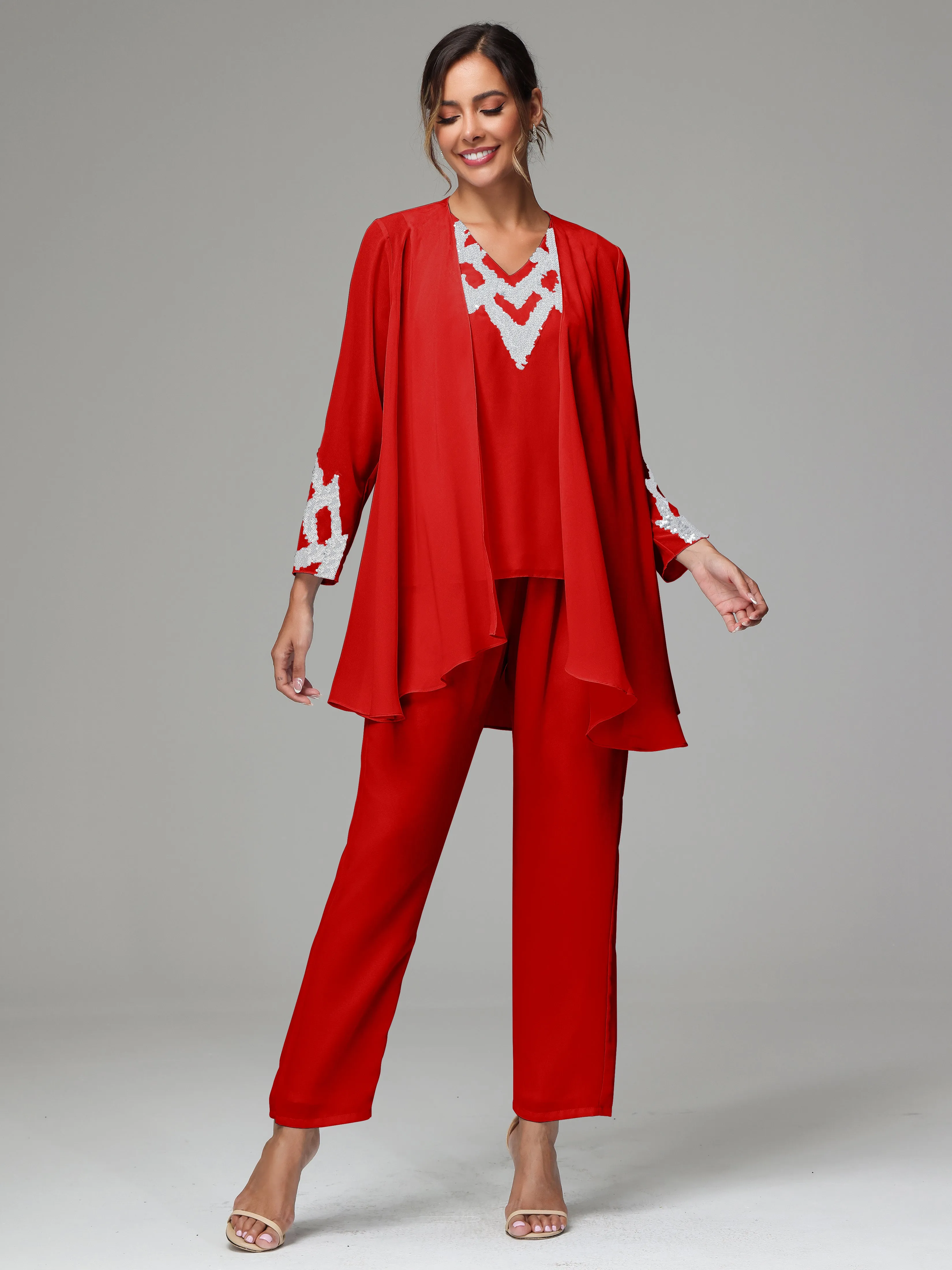 3 Pieces Long Sleeve Sequin Flutter Chiffon Mother of  Groom Dress Pant Suits