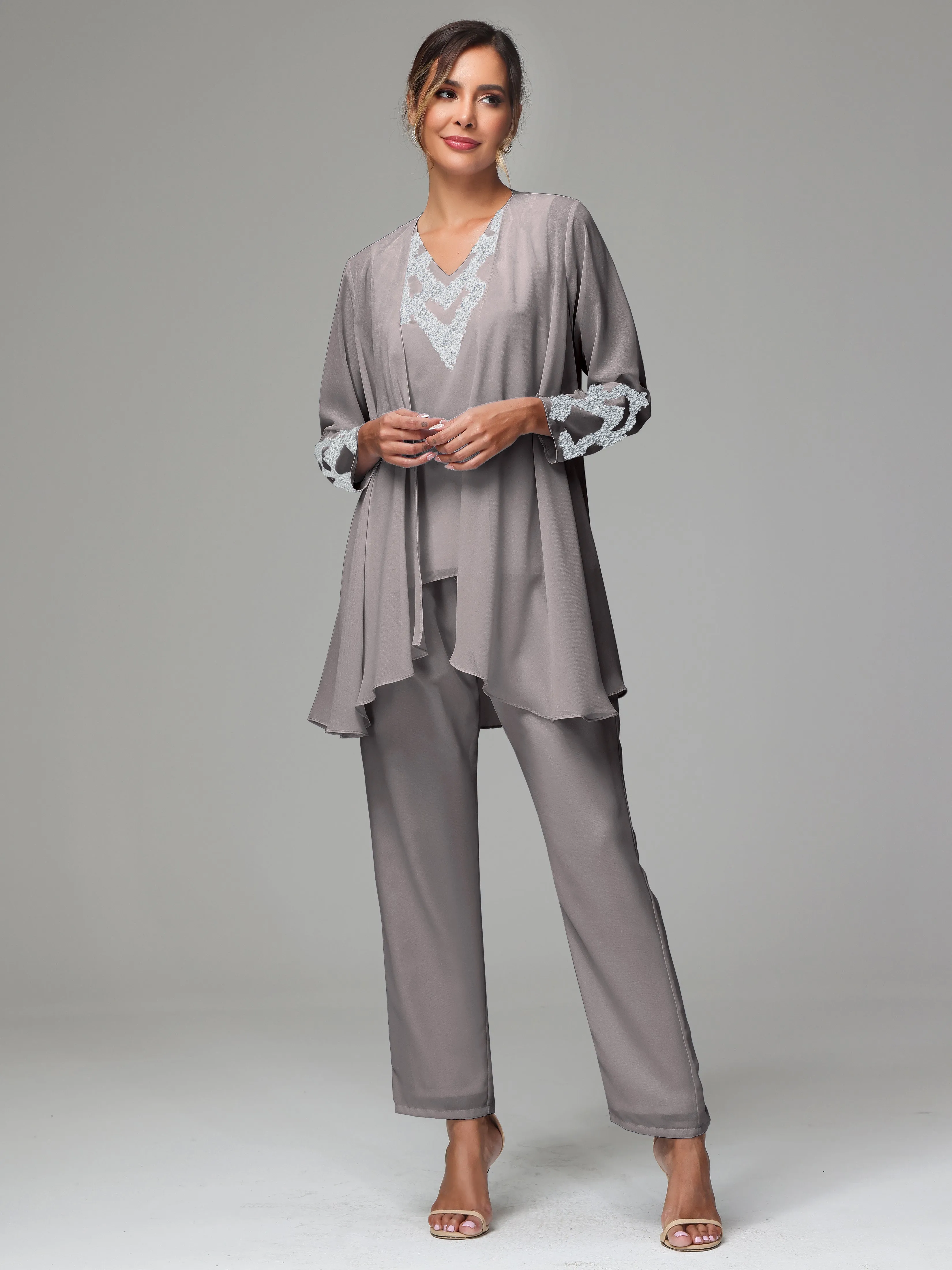 3 Pieces Long Sleeve Sequin Flutter Chiffon Mother of  Groom Dress Pant Suits