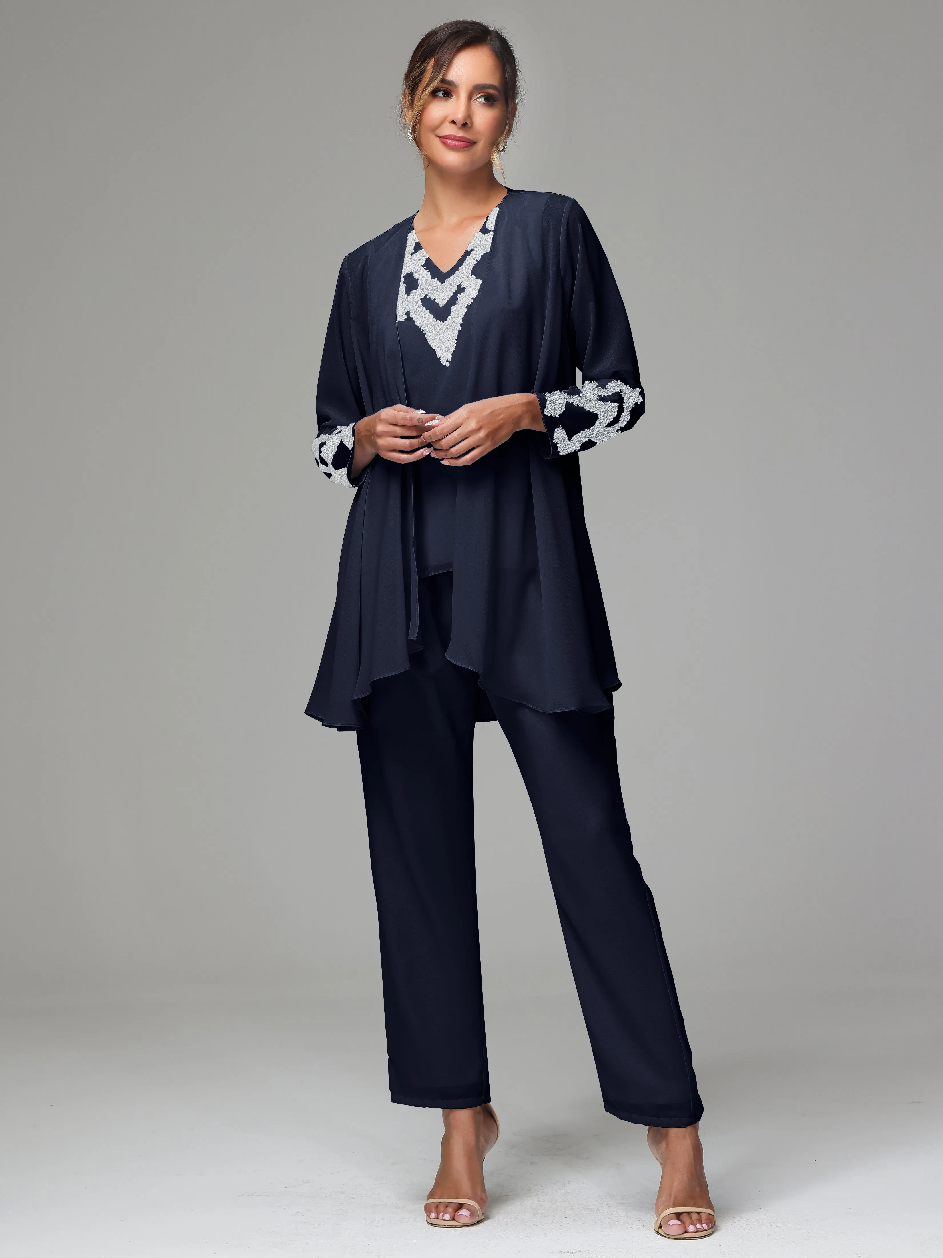 3 Pieces Long Sleeve Sequin Flutter Chiffon Mother of  Groom Dress Pant Suits
