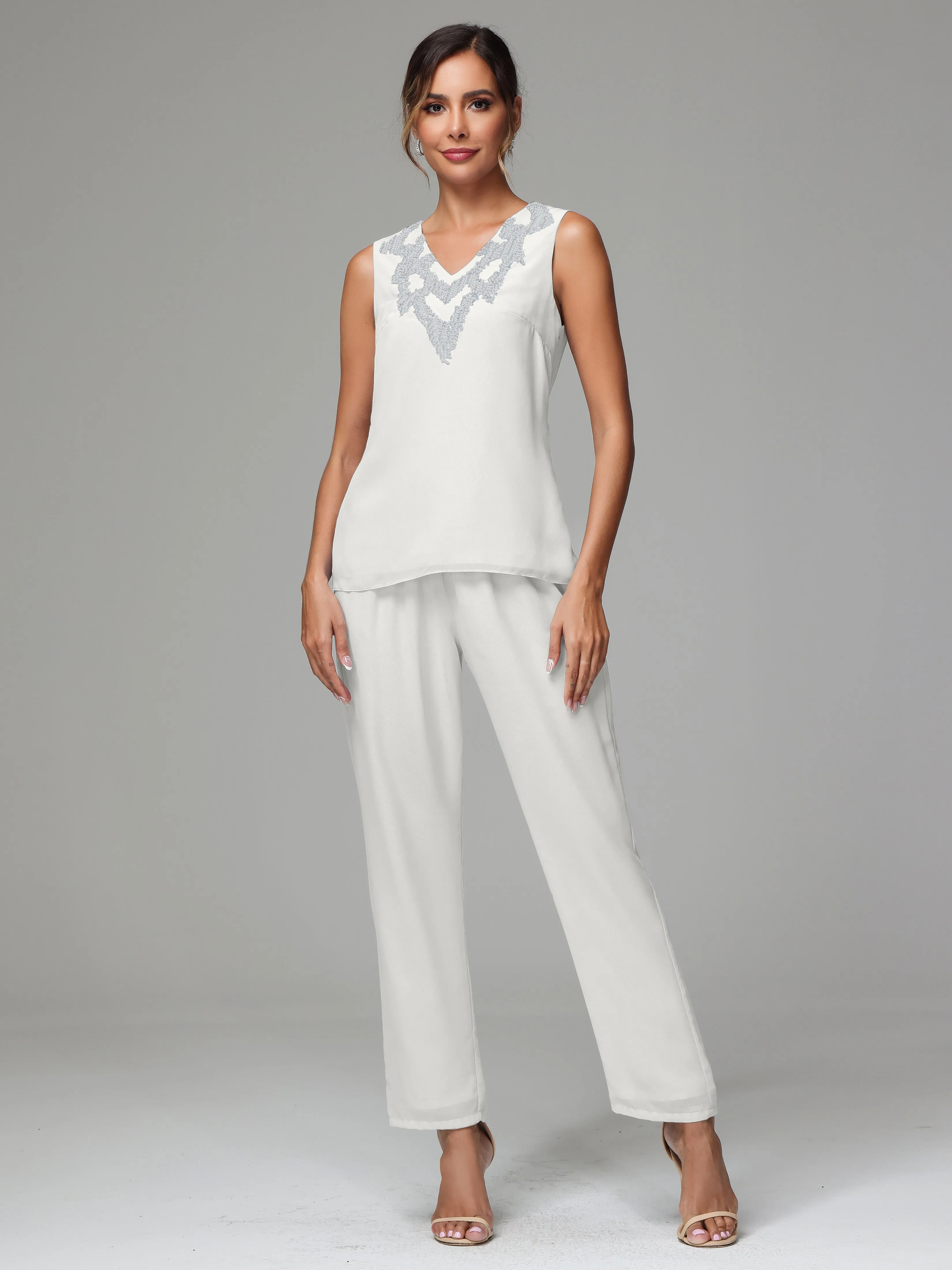 3 Pieces Long Sleeve Sequin Flutter Chiffon Mother of  Groom Dress Pant Suits