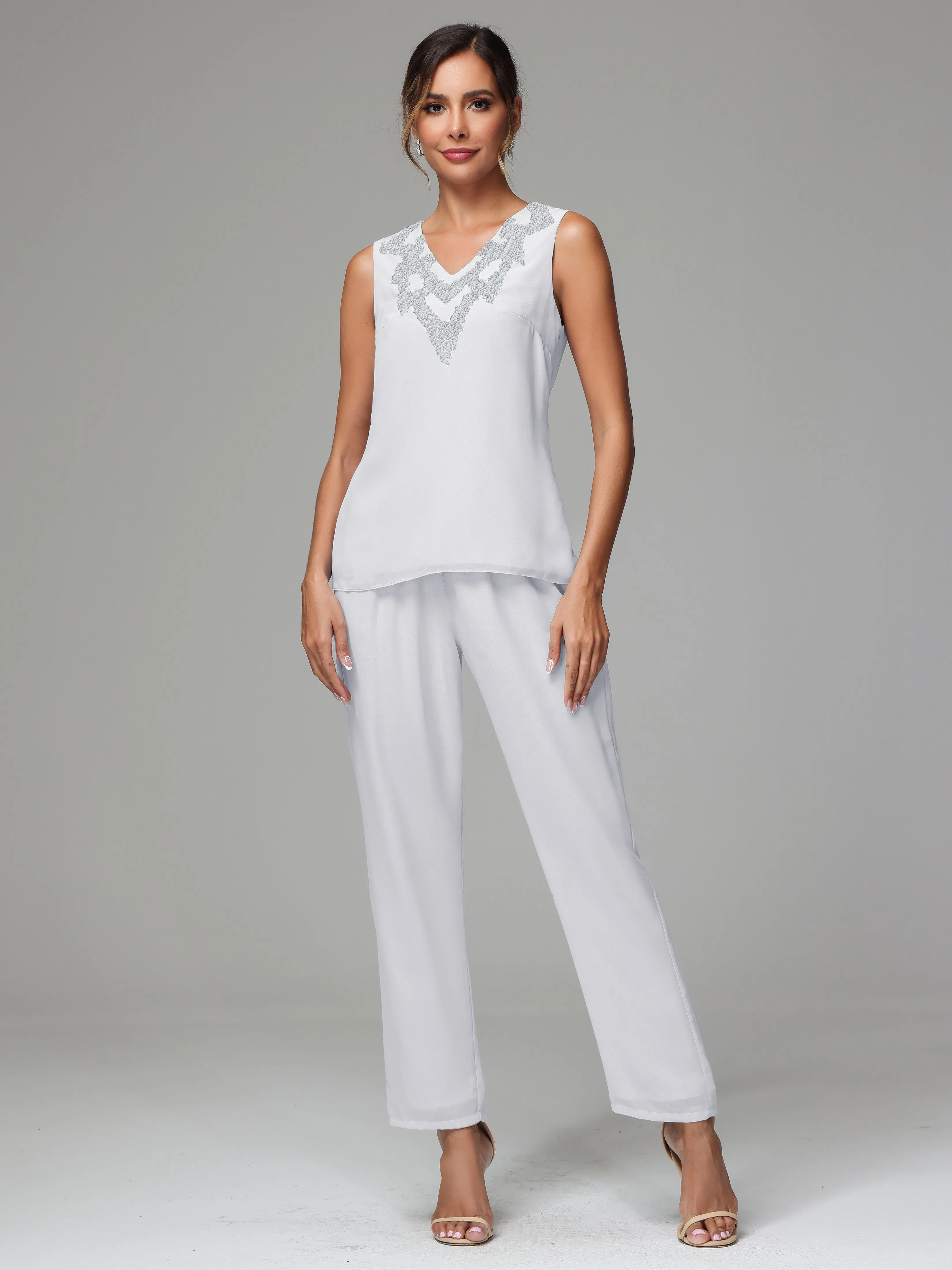 3 Pieces Long Sleeve Sequin Flutter Chiffon Mother of  Groom Dress Pant Suits