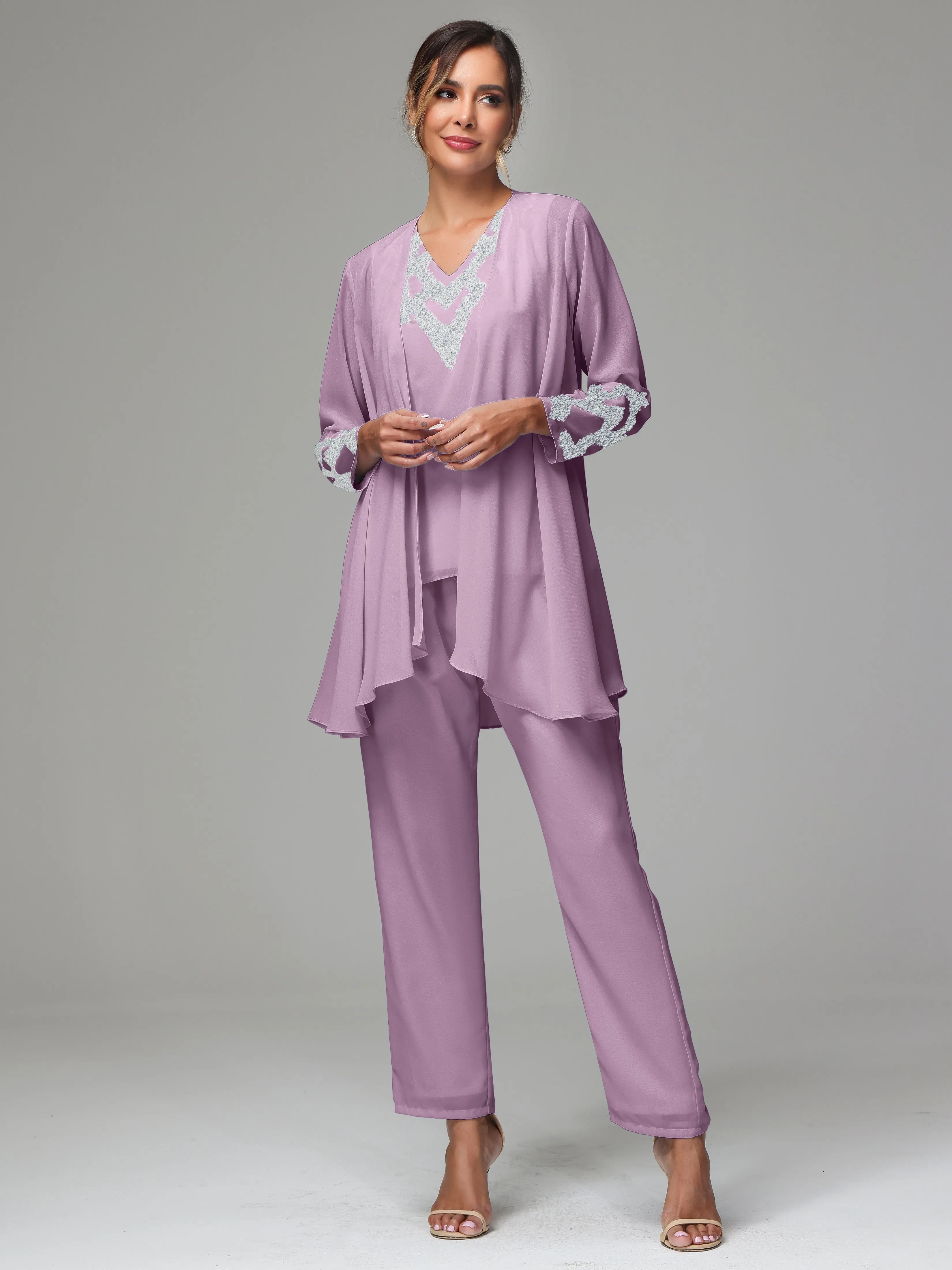 3 Pieces Long Sleeve Sequin Flutter Chiffon Mother of  Groom Dress Pant Suits