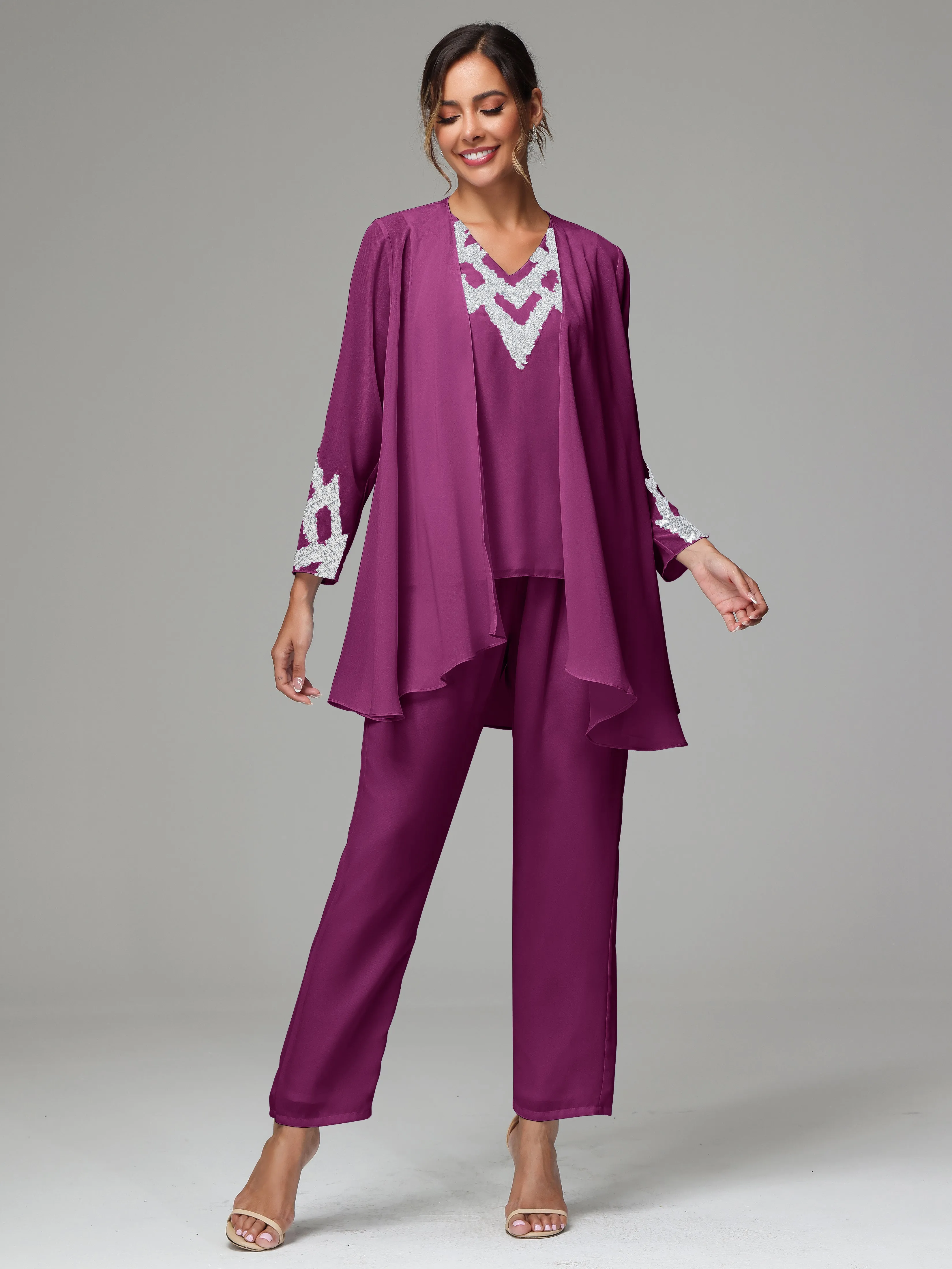 3 Pieces Long Sleeve Sequin Flutter Chiffon Mother of  Groom Dress Pant Suits