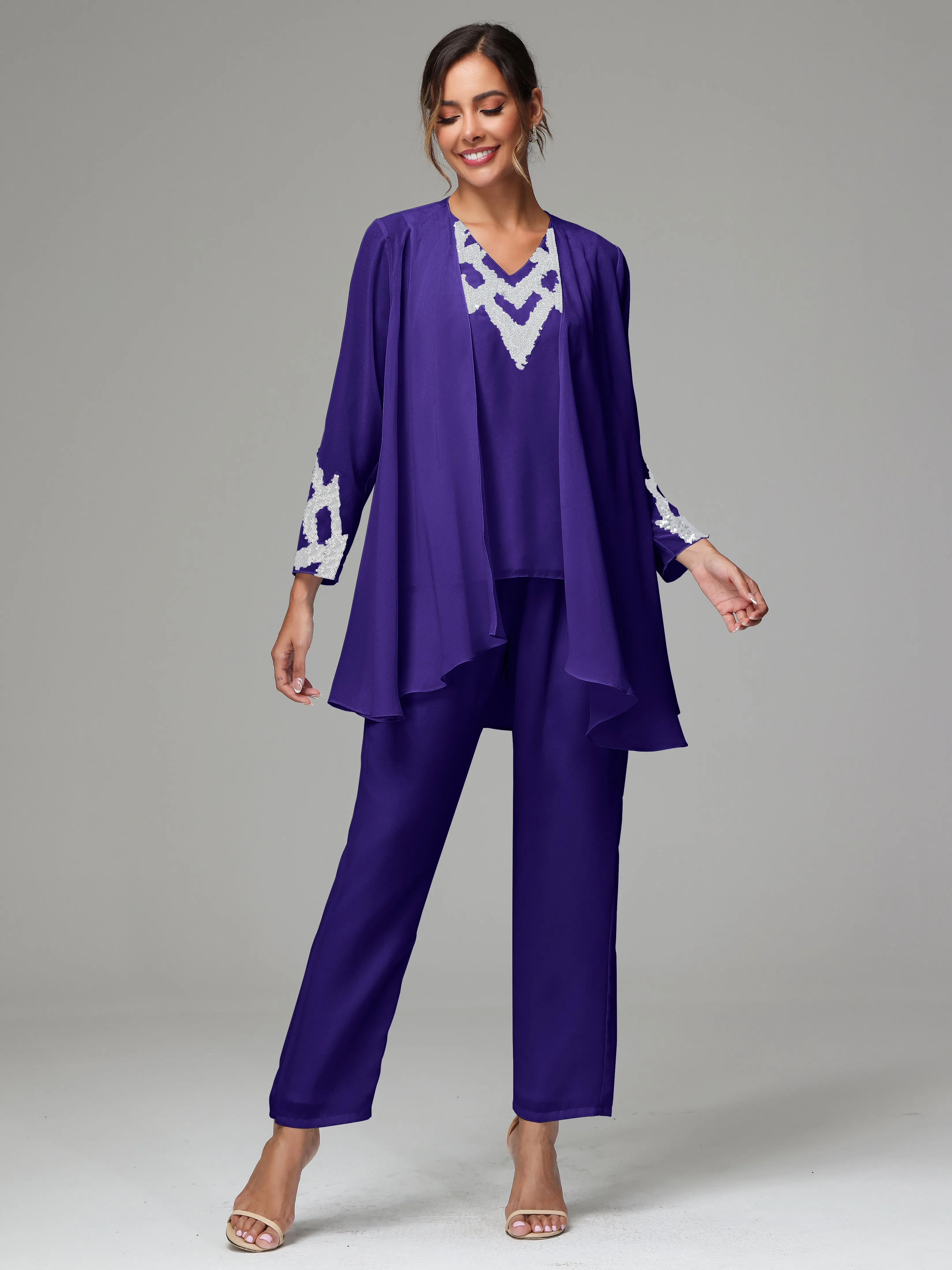 3 Pieces Long Sleeve Sequin Flutter Chiffon Mother of  Groom Dress Pant Suits