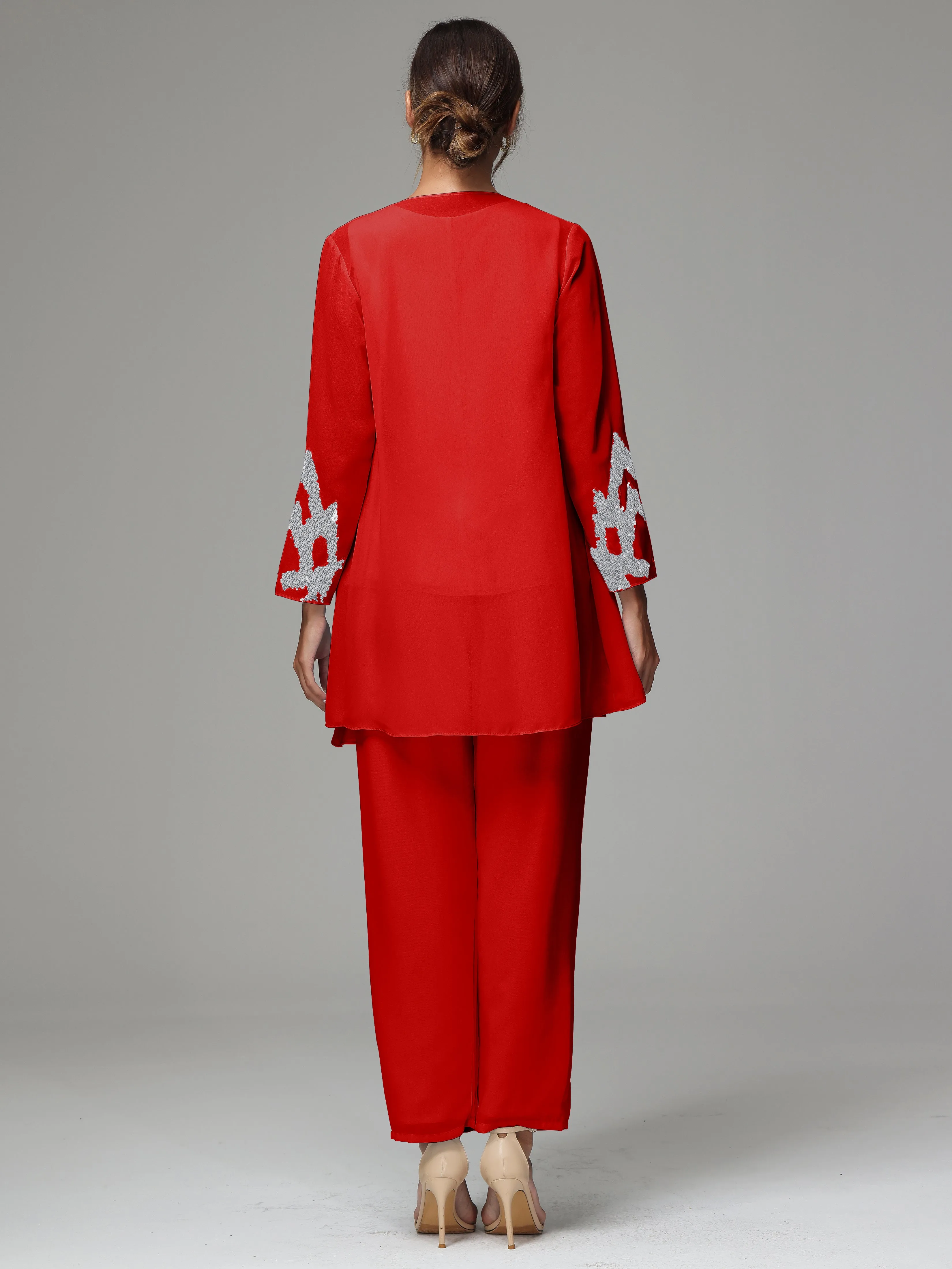 3 Pieces Long Sleeve Sequin Flutter Chiffon Mother of  Groom Dress Pant Suits