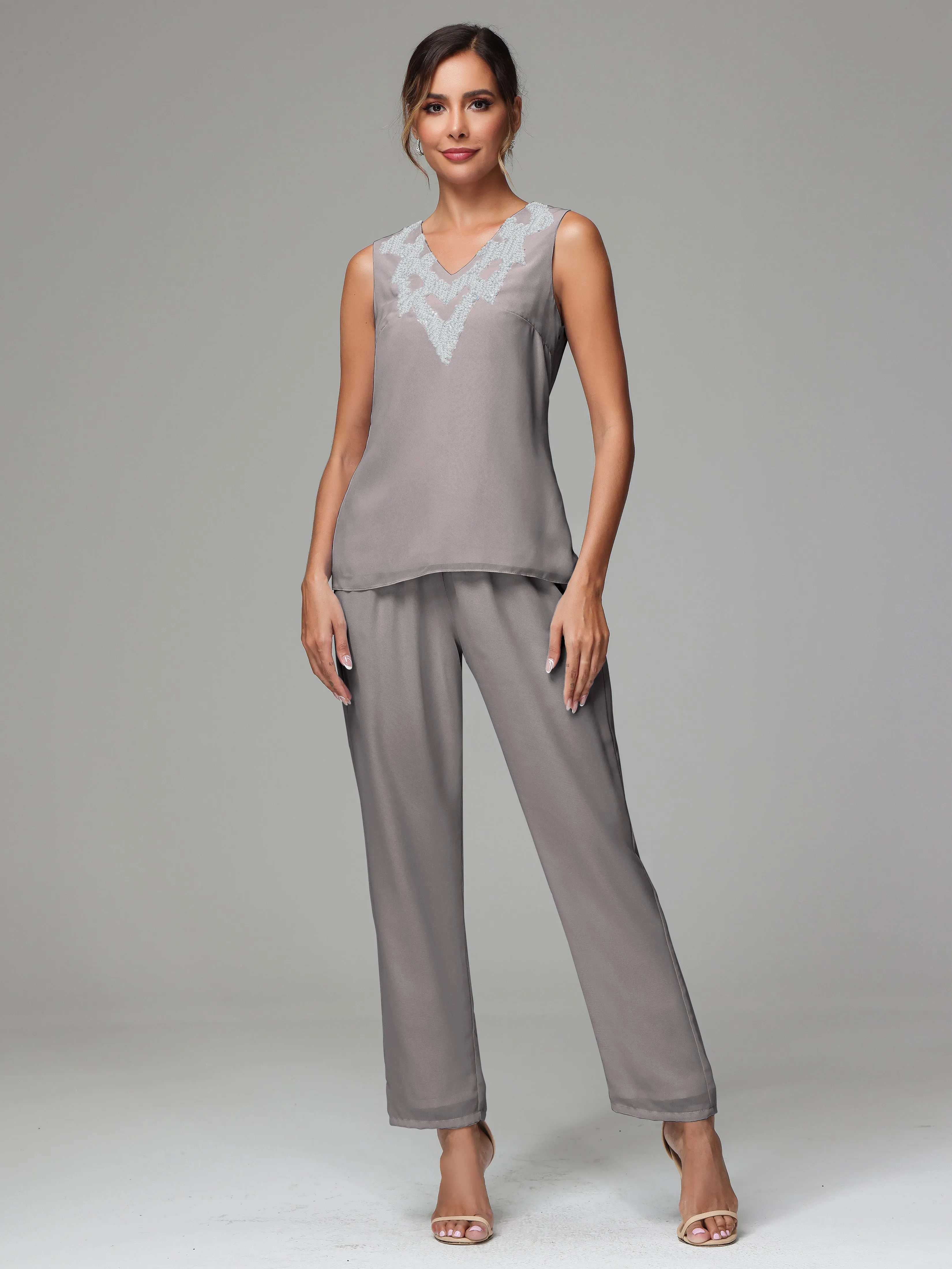 3 Pieces Long Sleeve Sequin Flutter Chiffon Mother of  Groom Dress Pant Suits