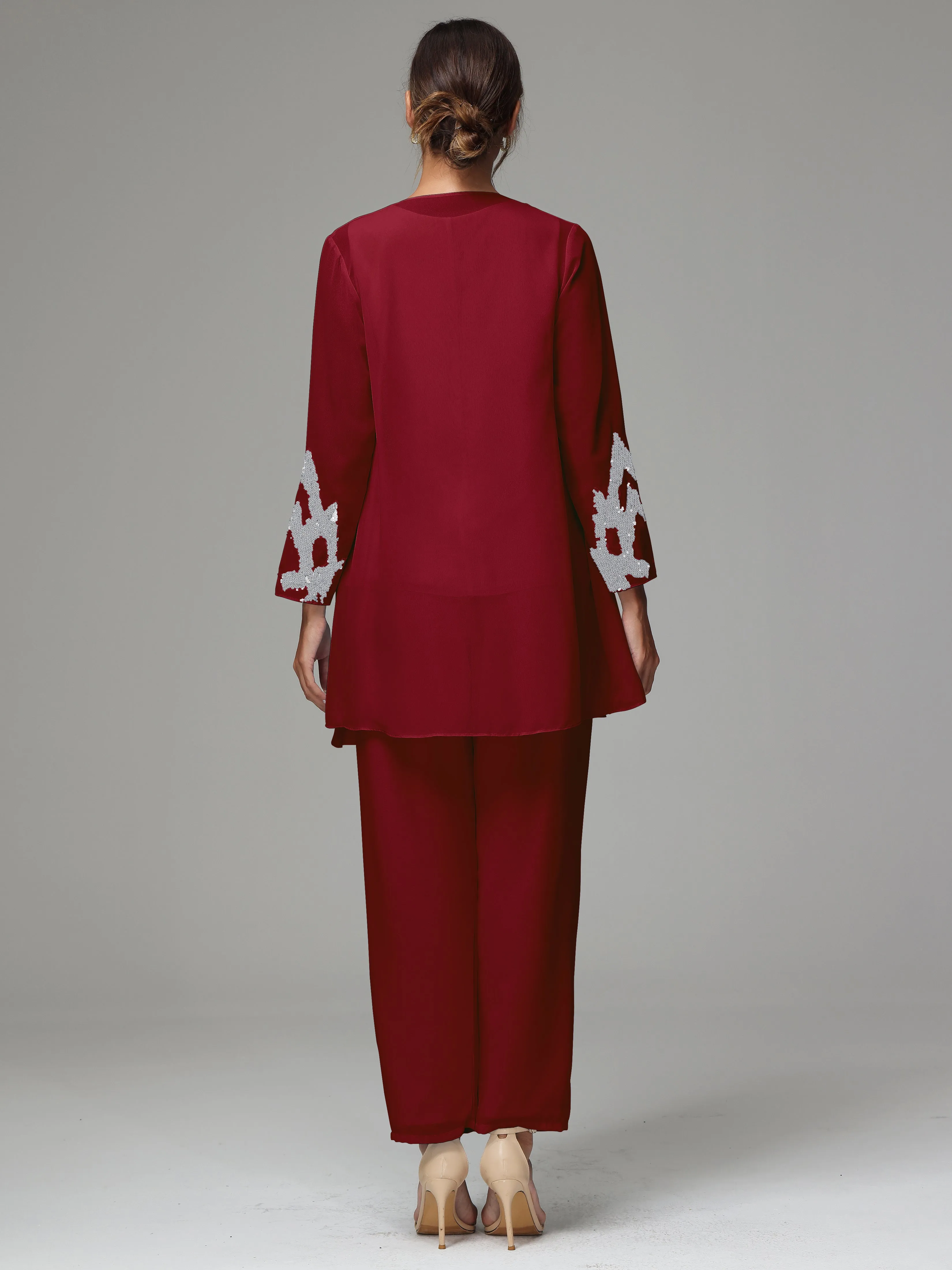 3 Pieces Long Sleeve Sequin Flutter Chiffon Mother of  Groom Dress Pant Suits