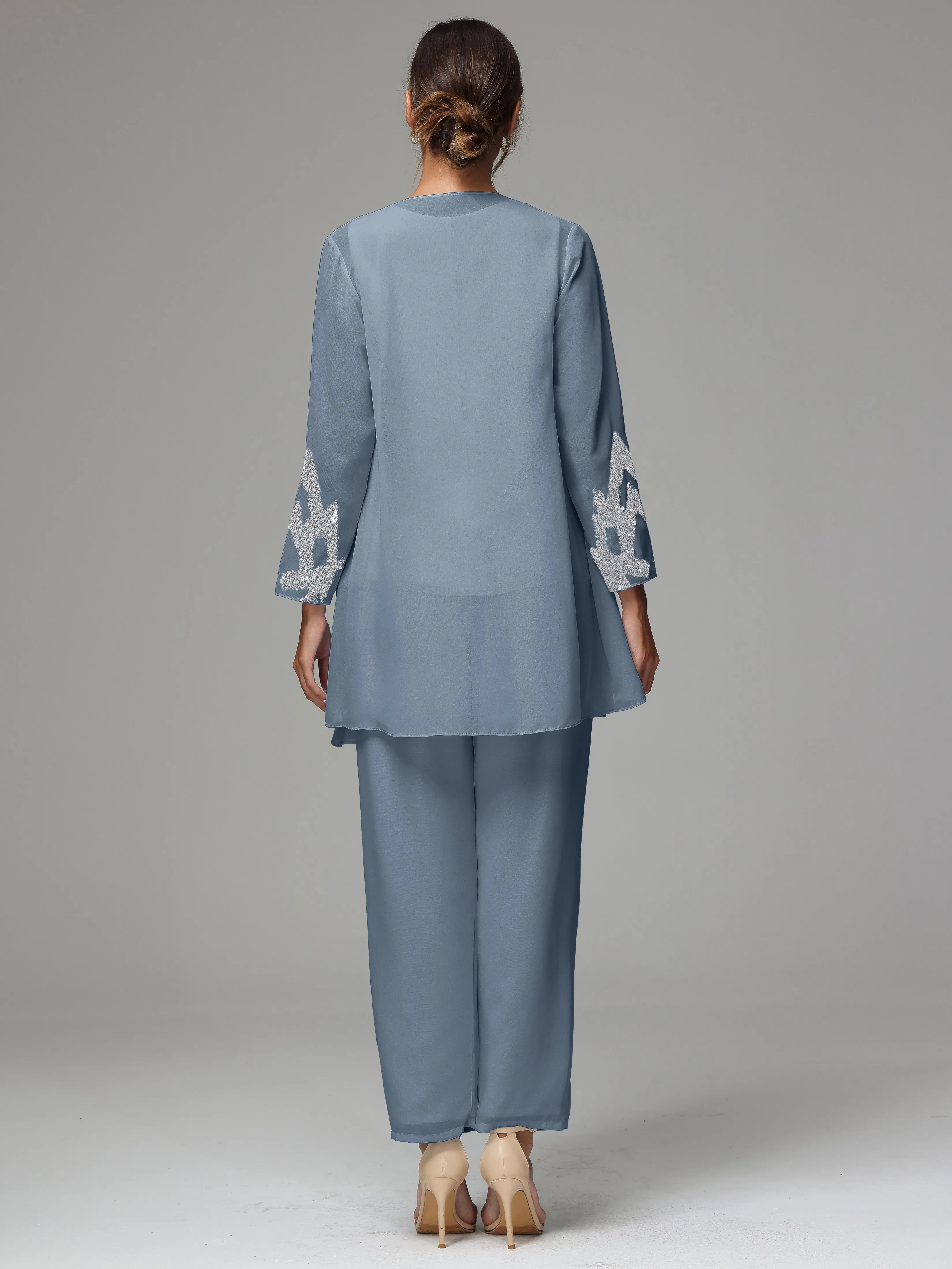 3 Pieces Long Sleeve Sequin Flutter Chiffon Mother of  Groom Dress Pant Suits