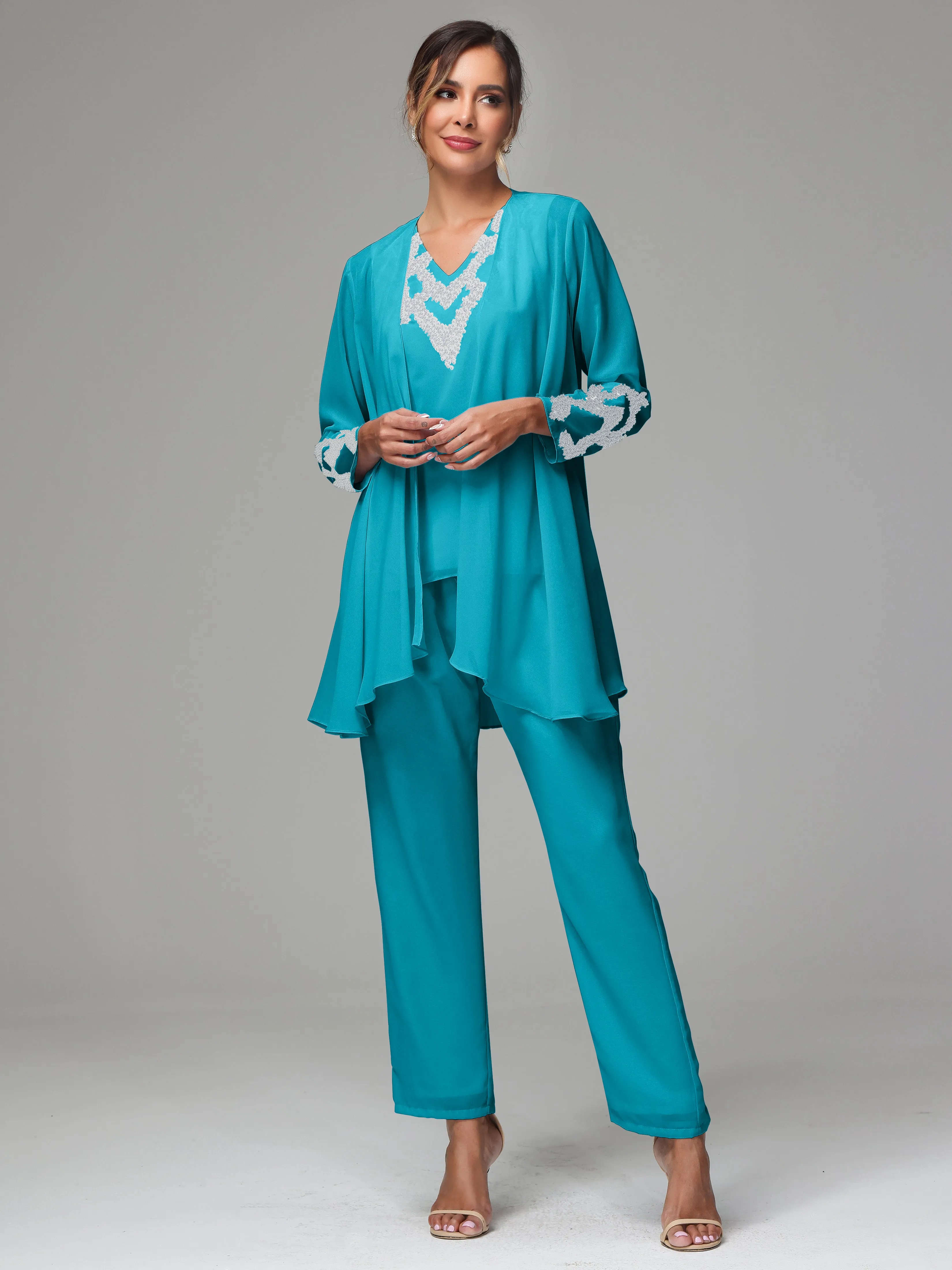 3 Pieces Long Sleeve Sequin Flutter Chiffon Mother of  Groom Dress Pant Suits