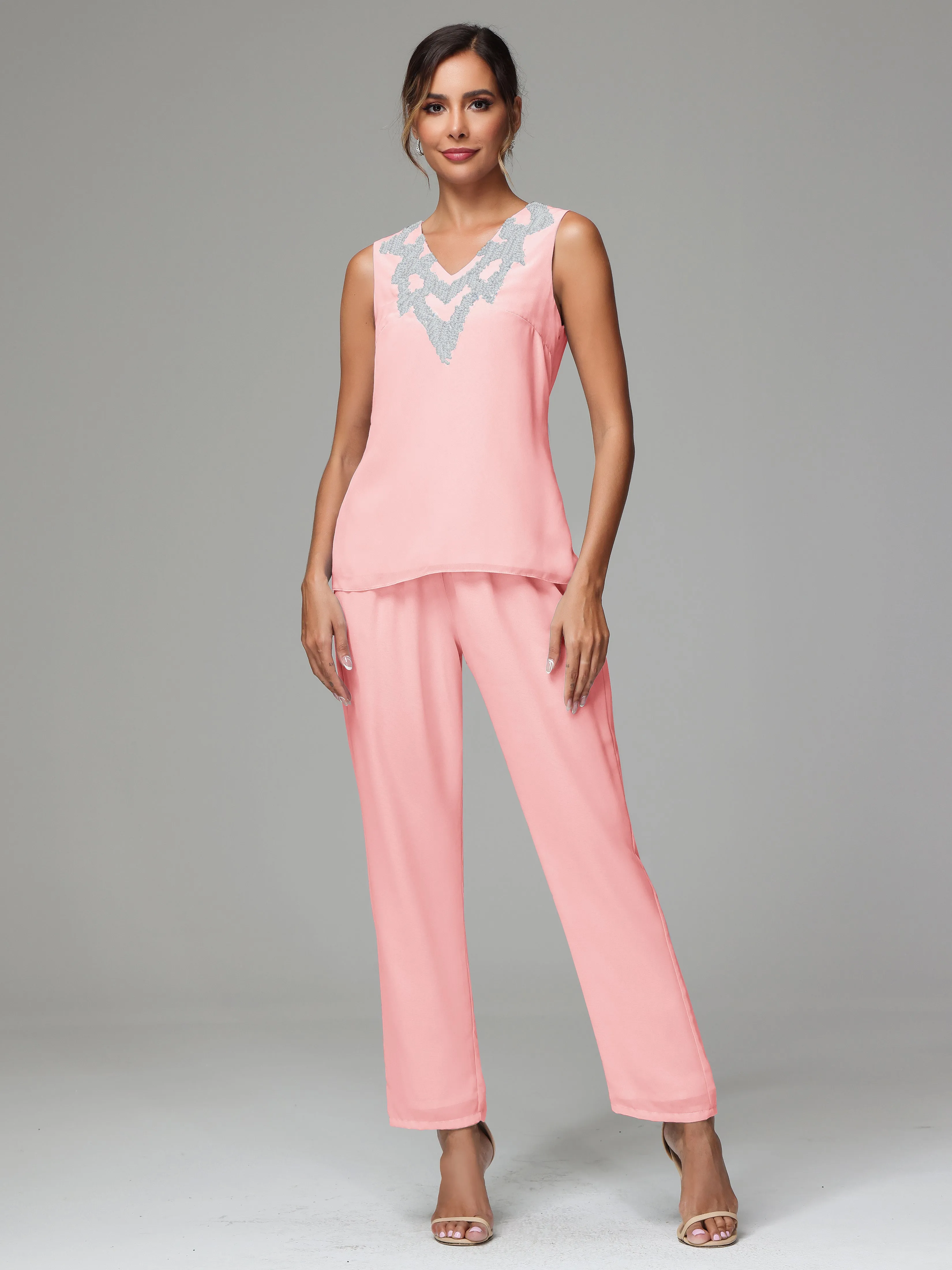 3 Pieces Long Sleeve Sequin Flutter Chiffon Mother of  Groom Dress Pant Suits