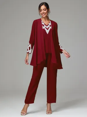 3 Pieces Long Sleeve Sequin Flutter Chiffon Mother of  Groom Dress Pant Suits