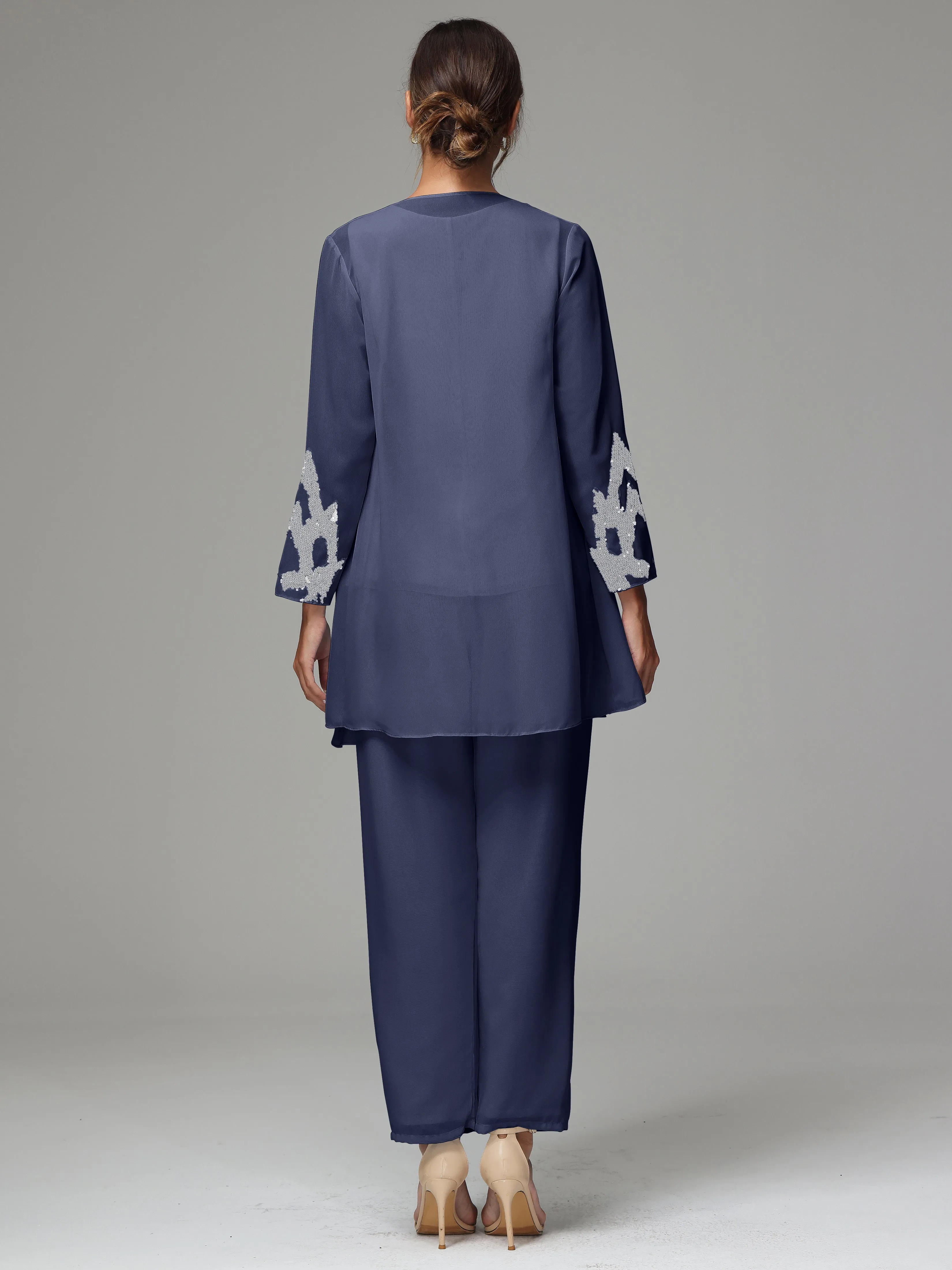 3 Pieces Long Sleeve Sequin Flutter Chiffon Mother of  Groom Dress Pant Suits