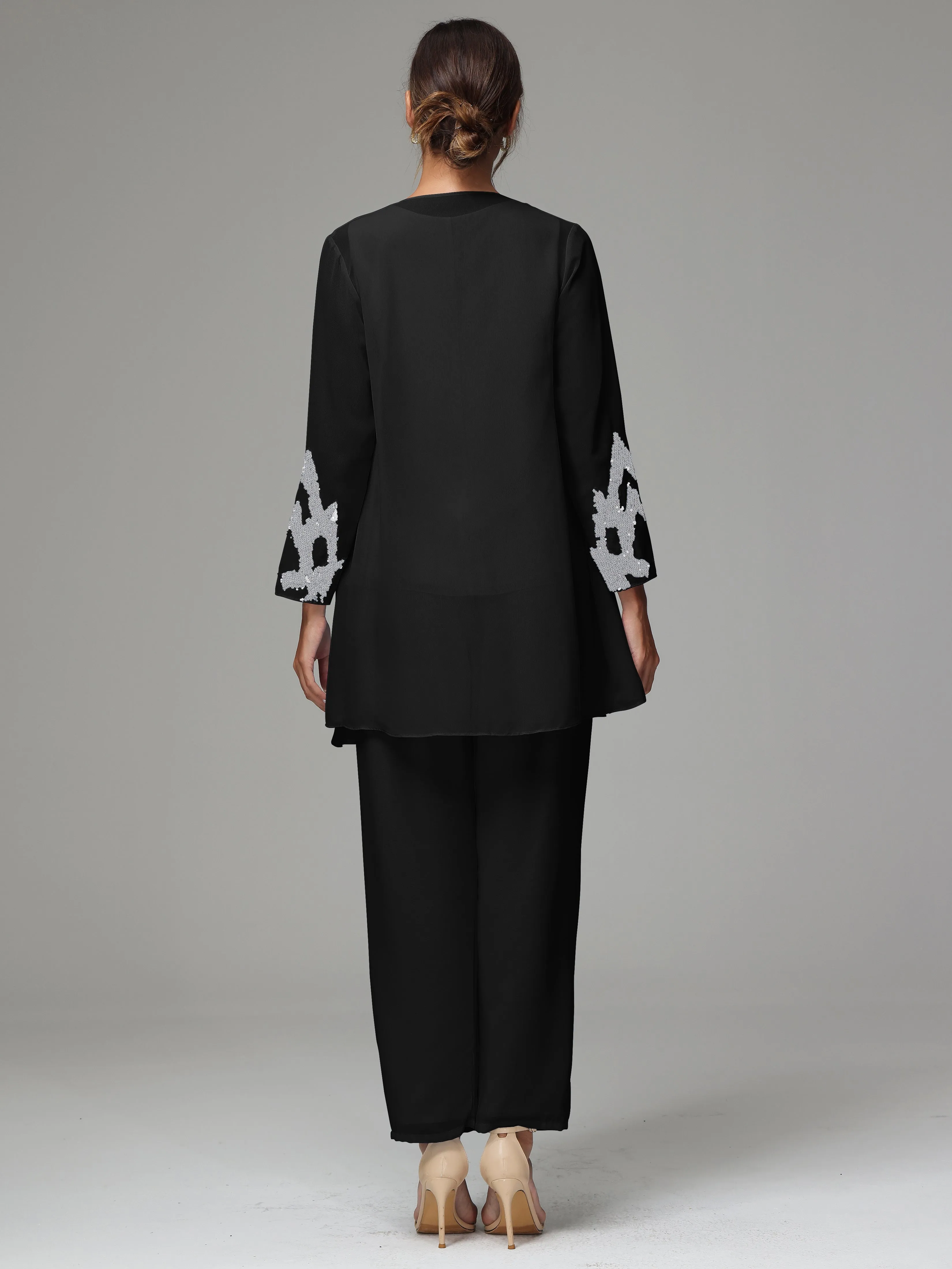 3 Pieces Long Sleeve Sequin Flutter Chiffon Mother of  Groom Dress Pant Suits