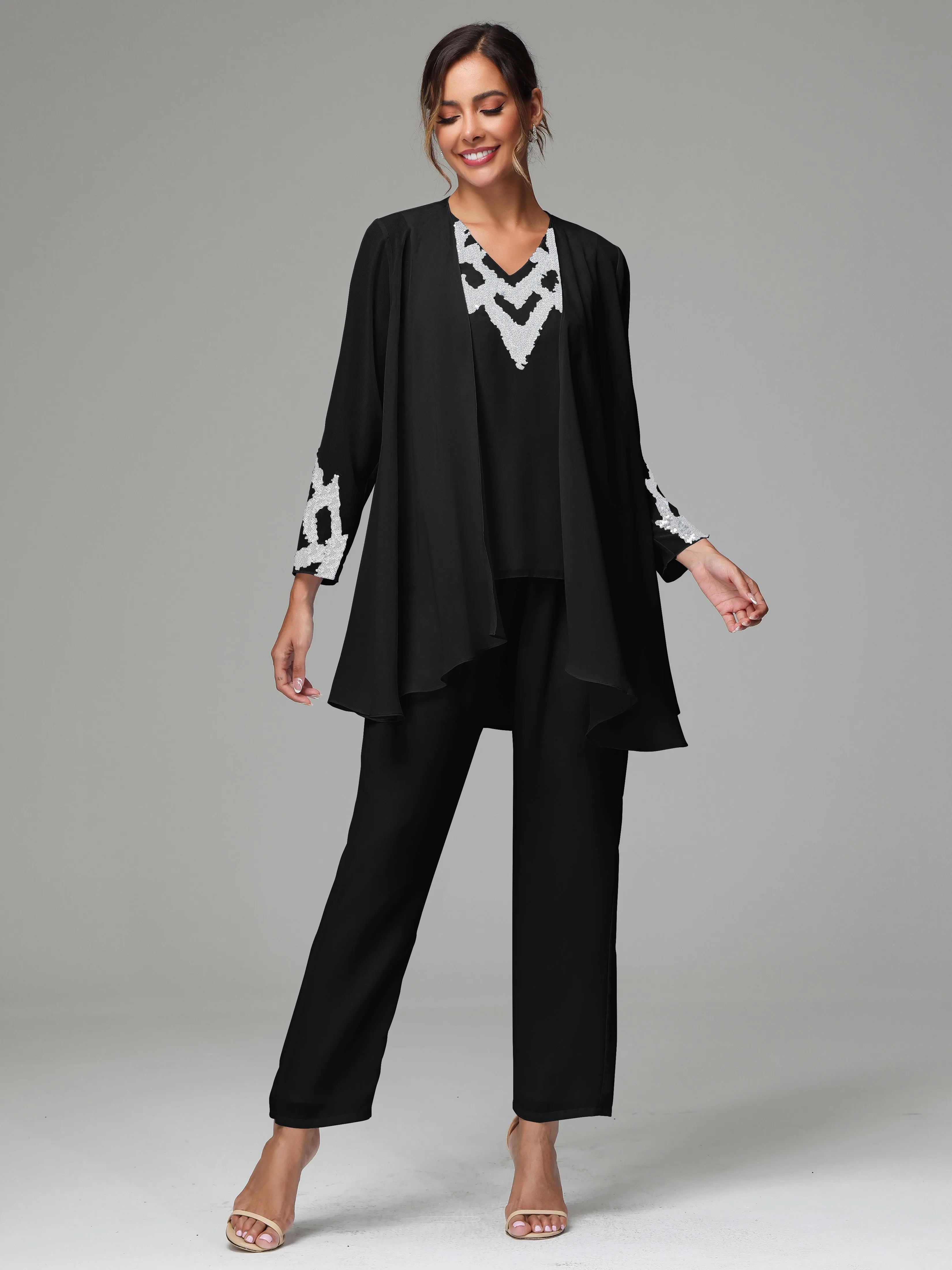 3 Pieces Long Sleeve Sequin Flutter Chiffon Mother of  Groom Dress Pant Suits