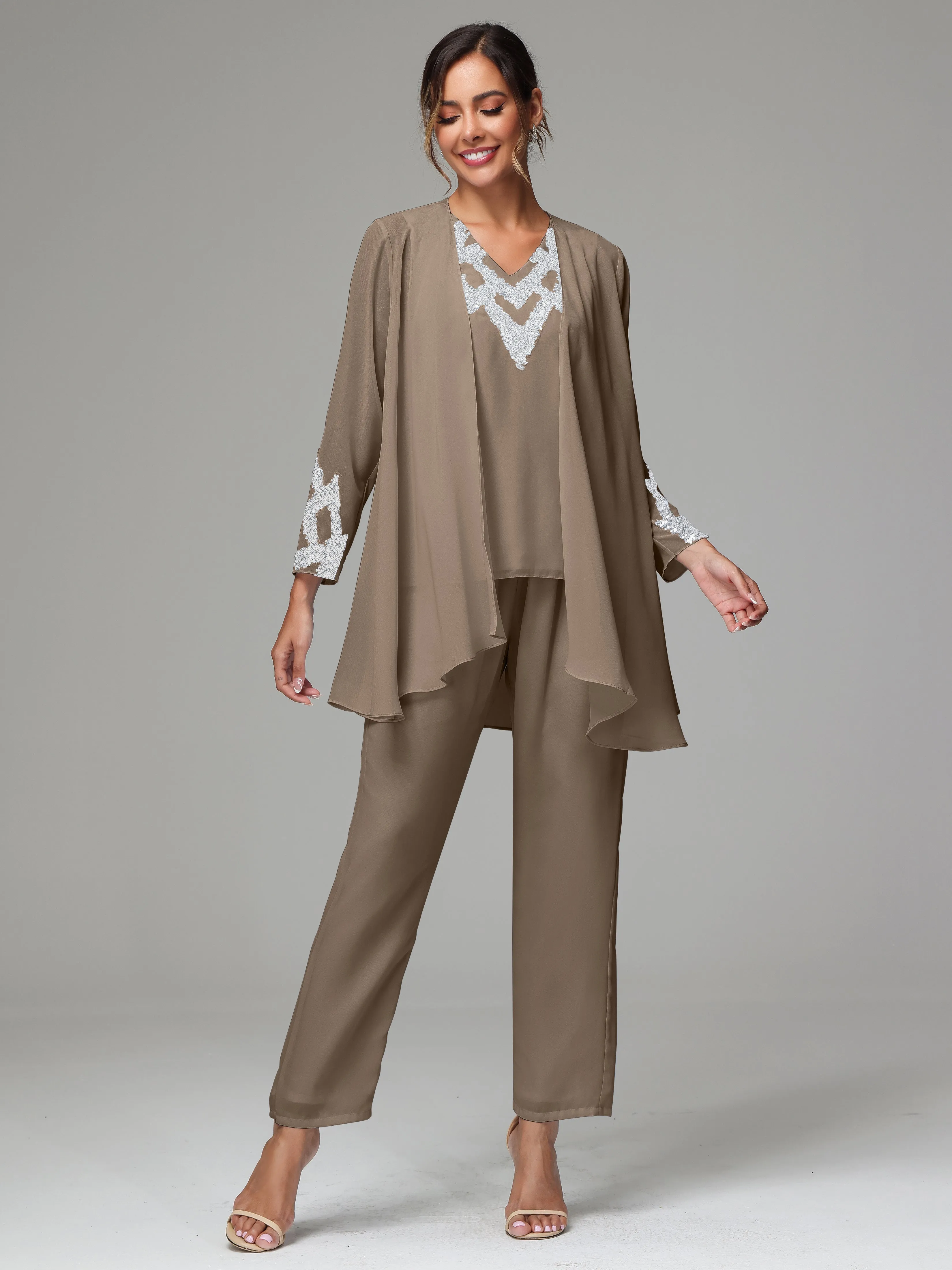 3 Pieces Long Sleeve Sequin Flutter Chiffon Mother of  Groom Dress Pant Suits