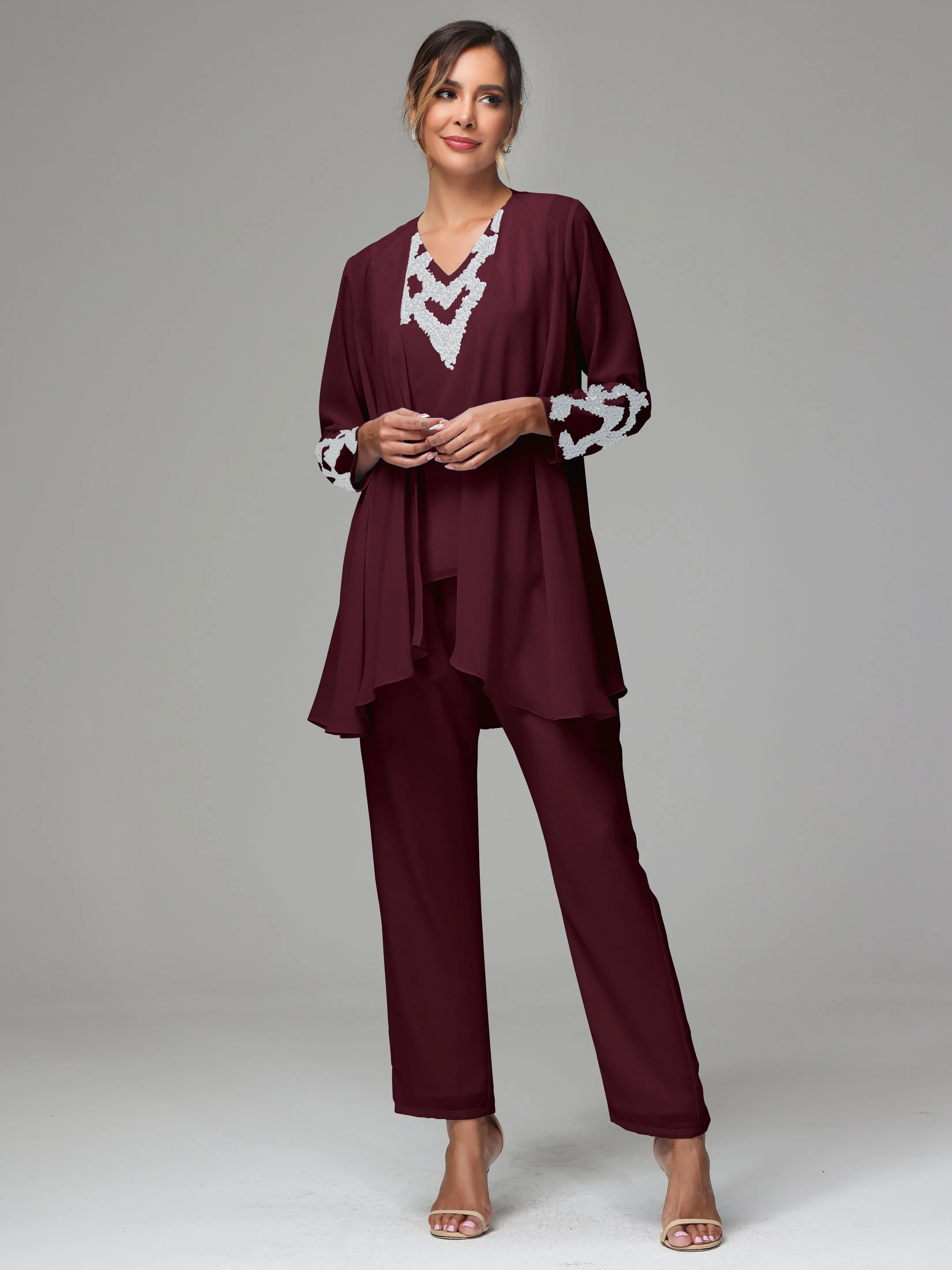 3 Pieces Long Sleeve Sequin Flutter Chiffon Mother of  Groom Dress Pant Suits