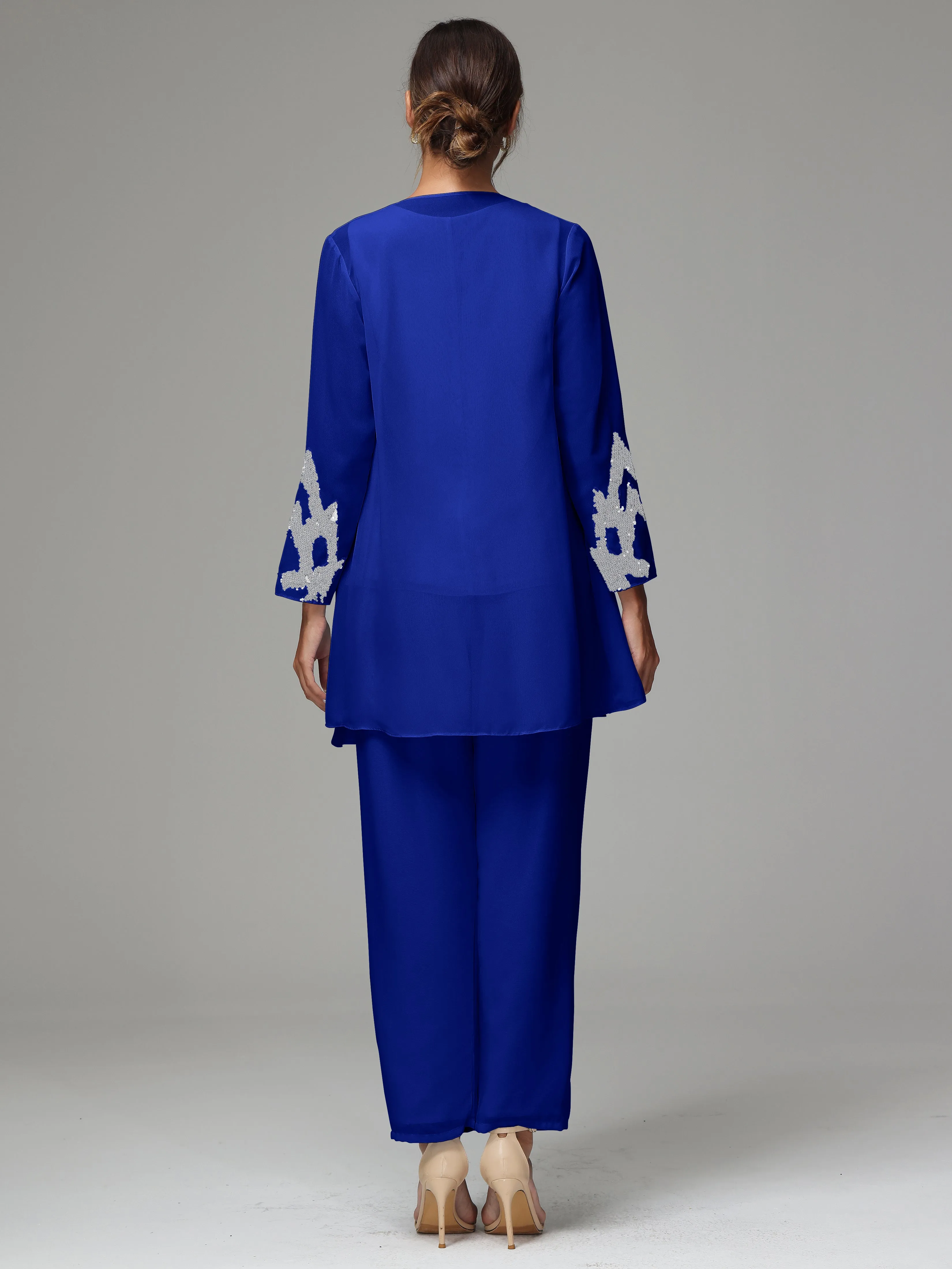3 Pieces Long Sleeve Sequin Flutter Chiffon Mother of  Groom Dress Pant Suits